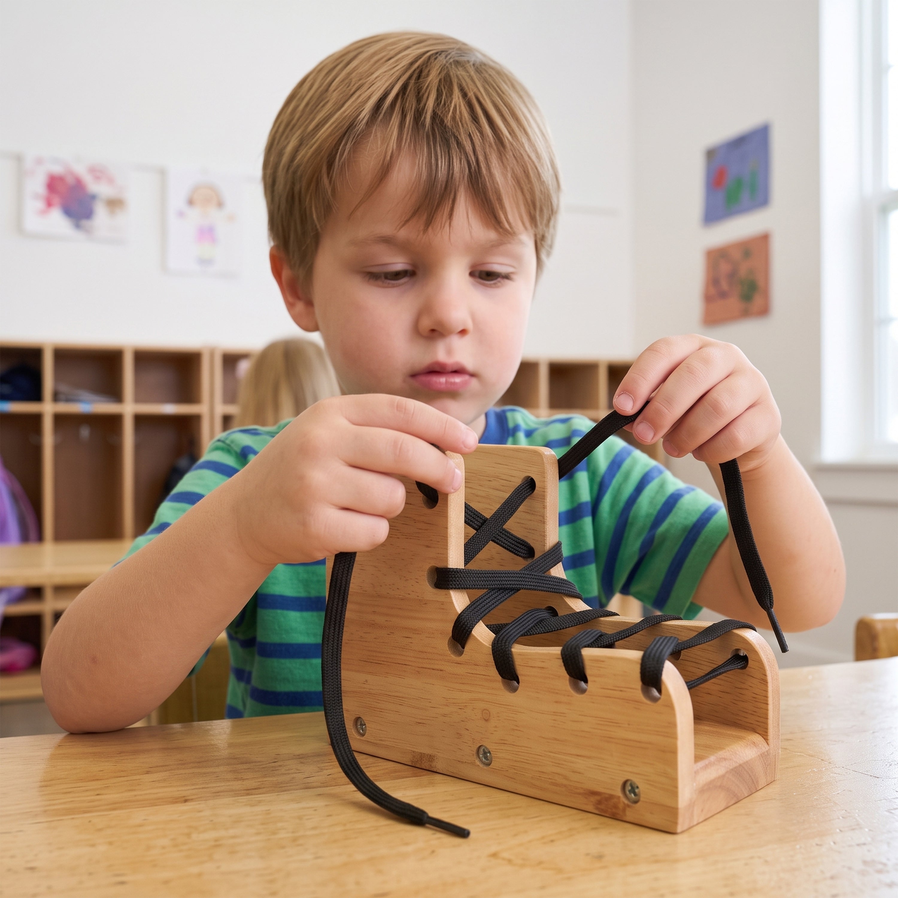 Montessori Dramatic Play Accessory Bundle | Pretend Play Hardwood Iron, Doll Bed & Lacing Boot