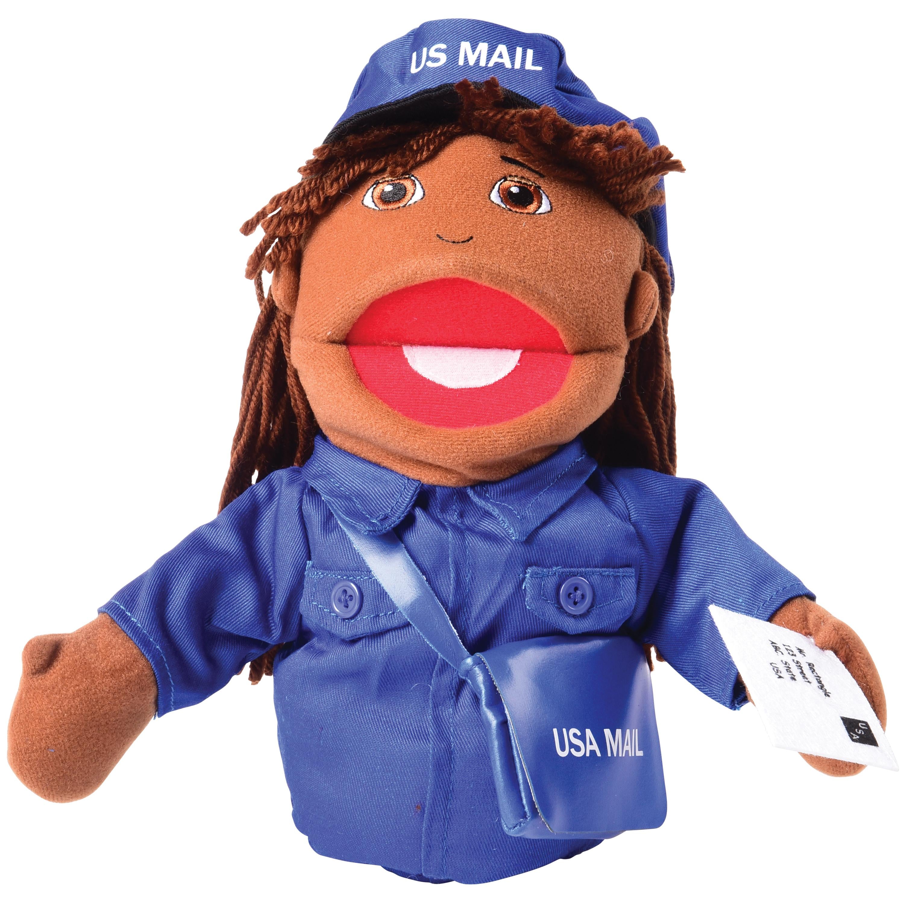 Plush toy of a US Mail carrier with a blue uniform and cap on a white background