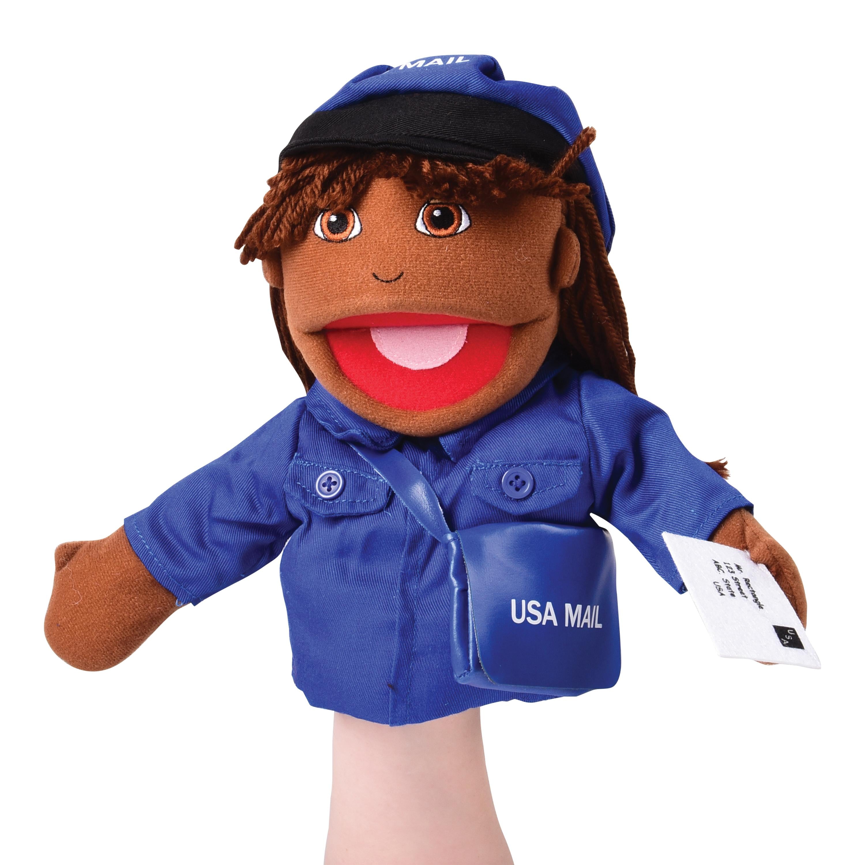 Plush puppet of a USA Mail carrier with a blue uniform and hat on a white background