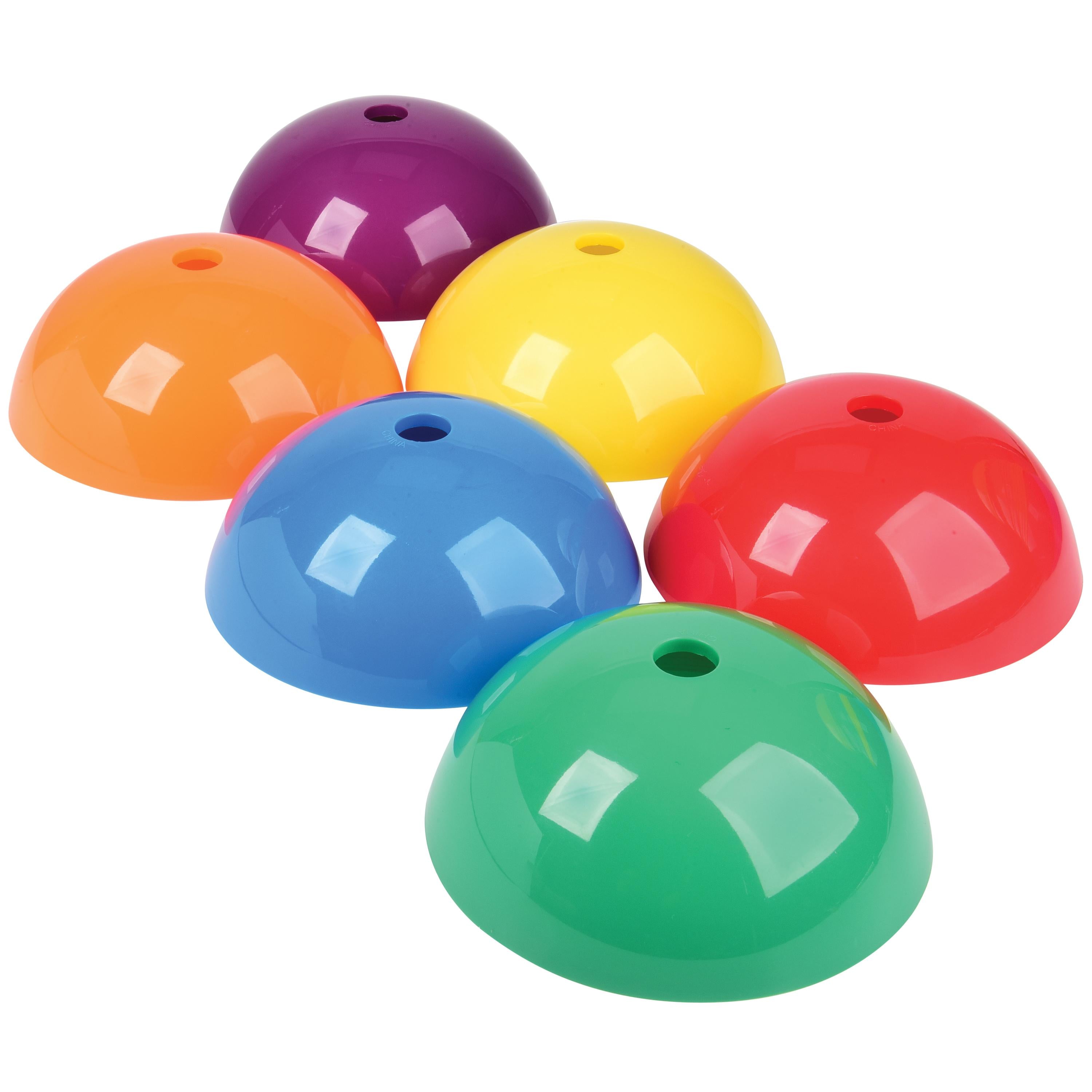 Set of six colorful plastic domes on a white background