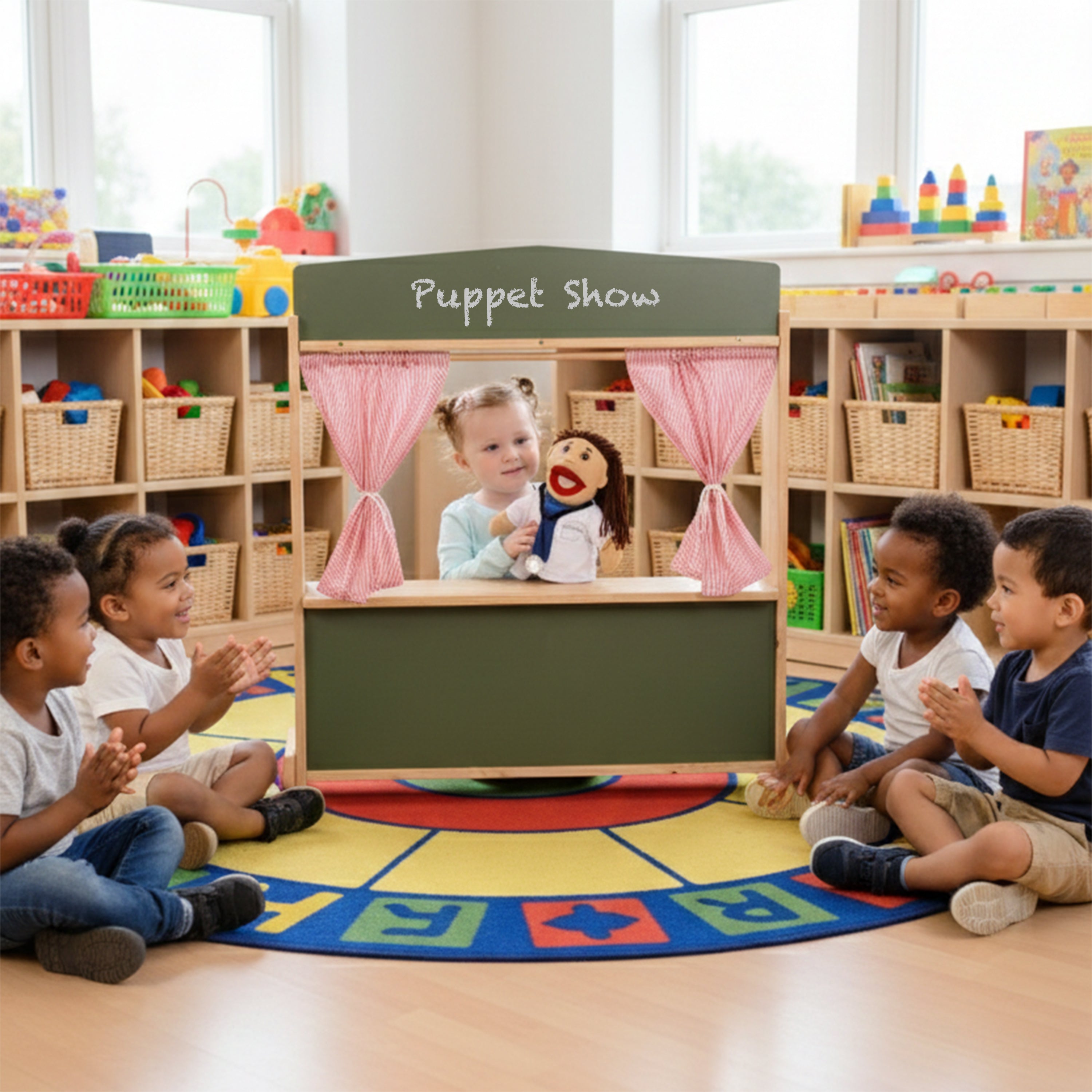 Wooden Puppet Stage with Candy-Stripe Curtains & Chalkboard