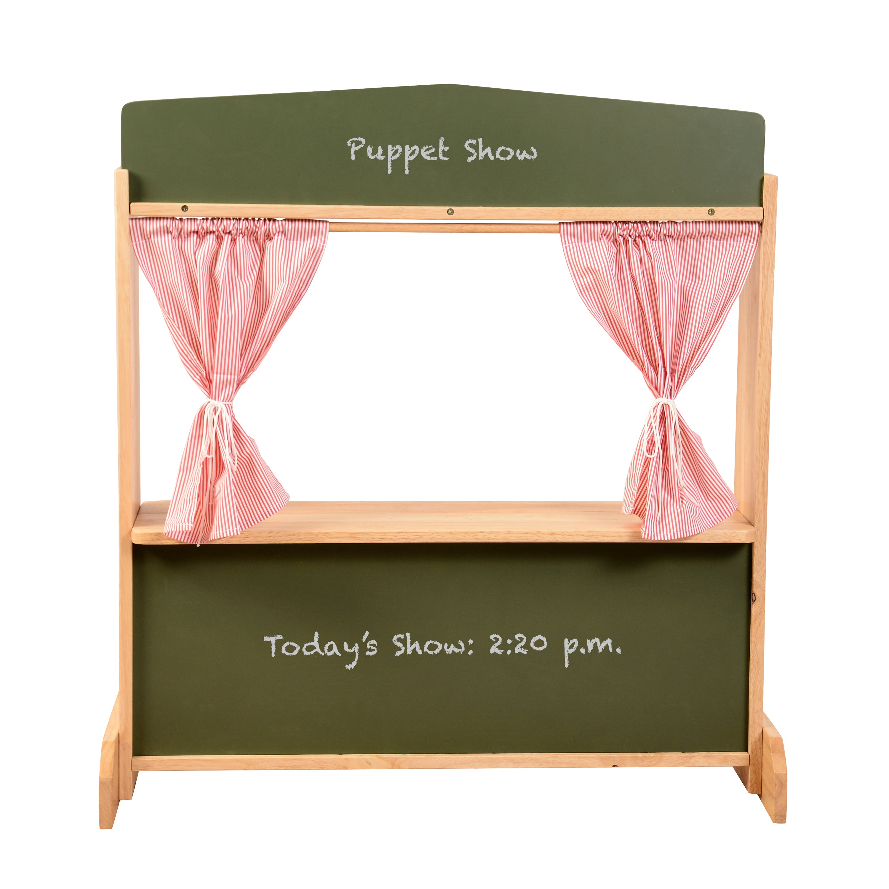 Wooden Puppet Stage with Candy-Stripe Curtains & Chalkboard