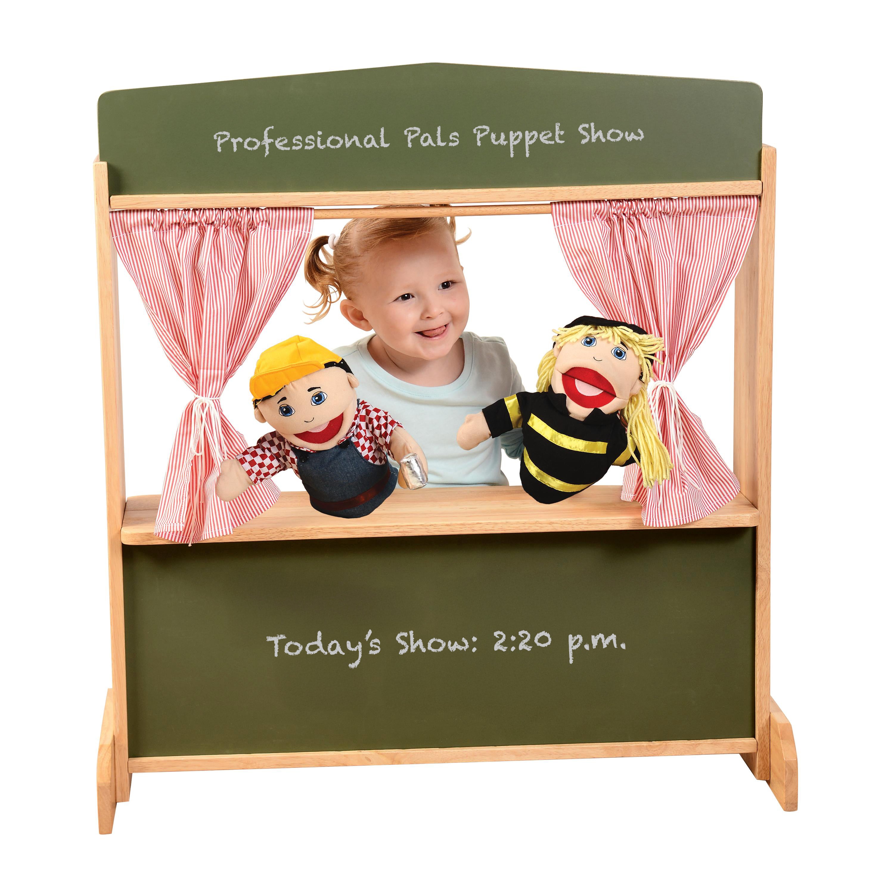 Wooden Puppet Stage with Candy-Stripe Curtains & Chalkboard