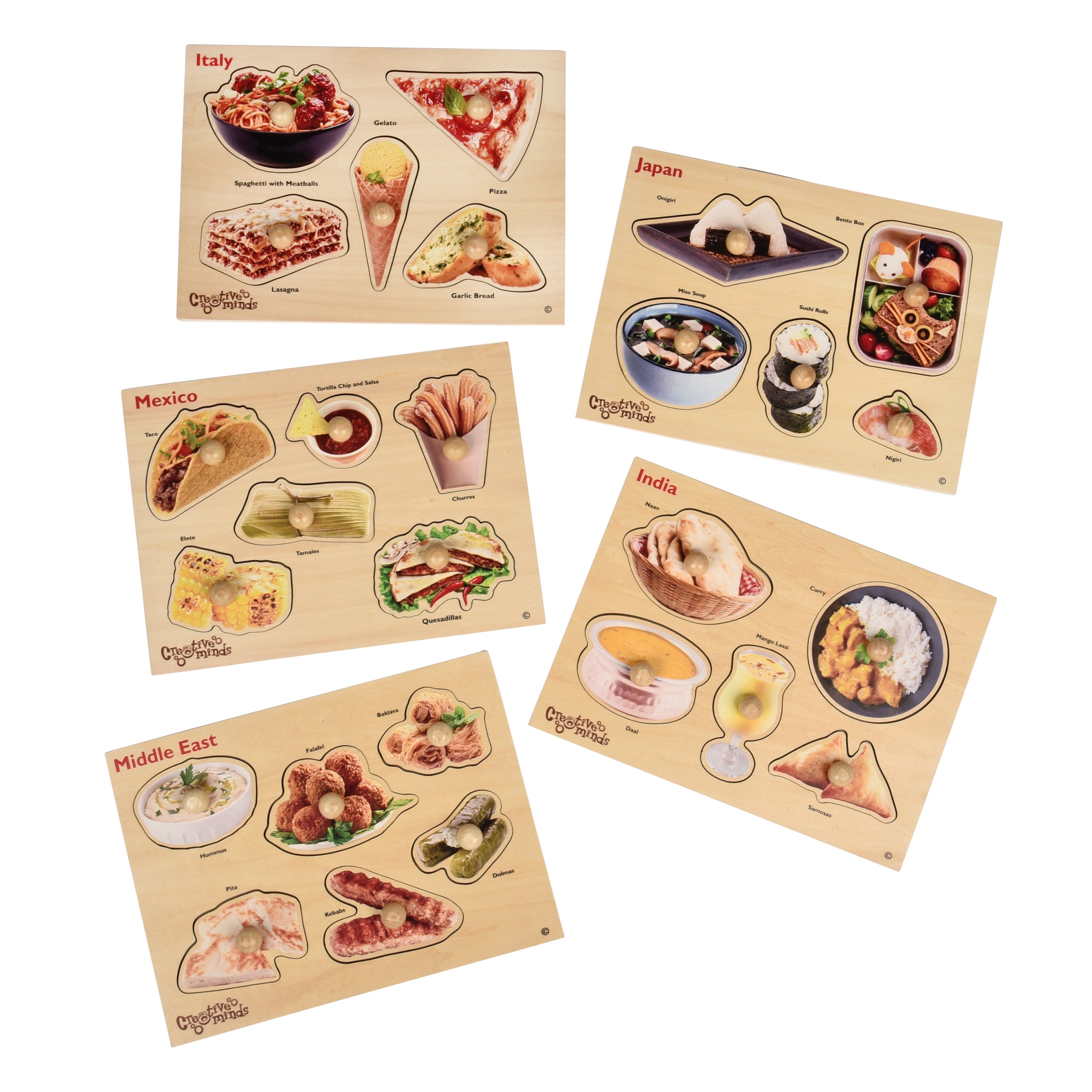 Set of educational puzzles about food from different countries on a beige background