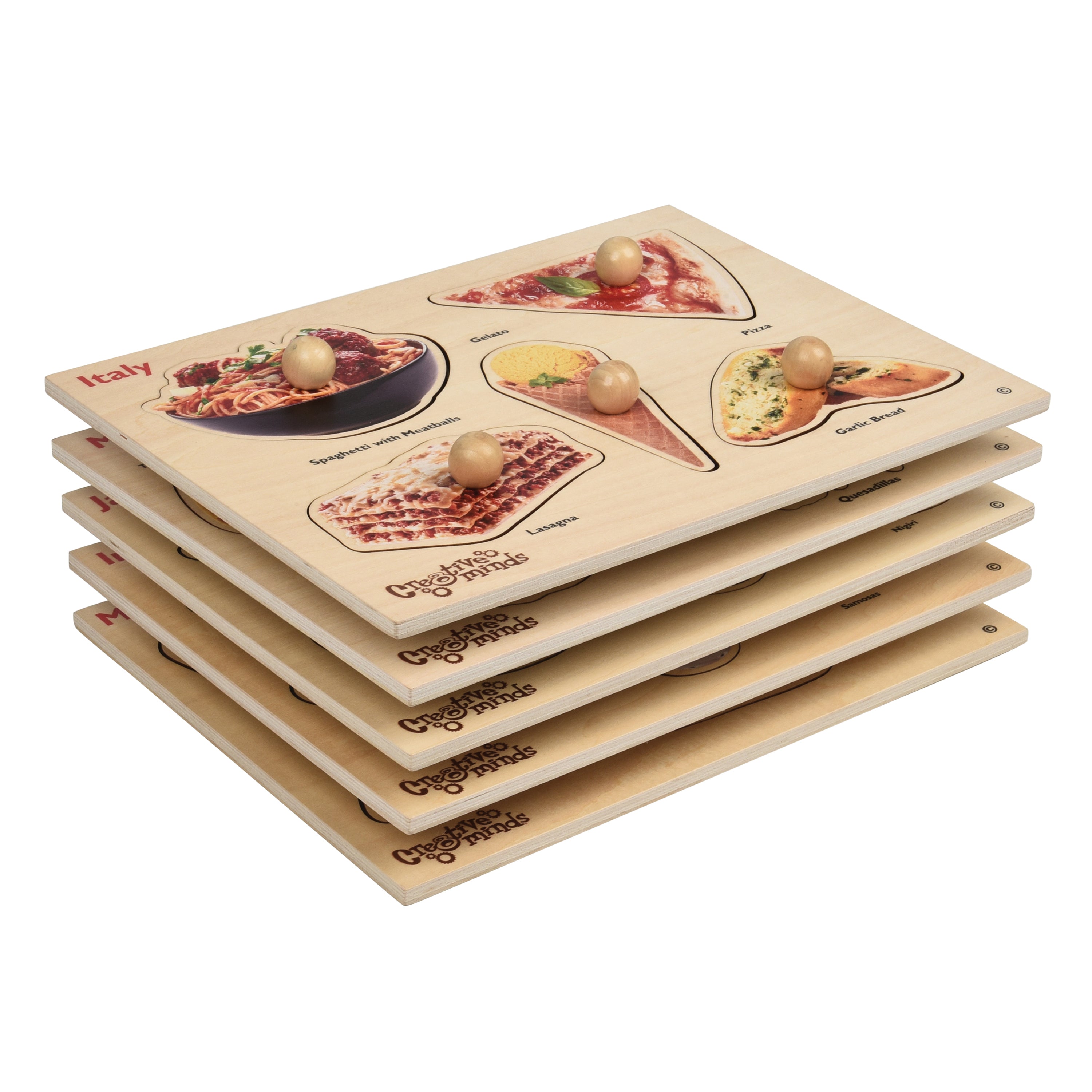 Set of wooden puzzles with labels on a white background