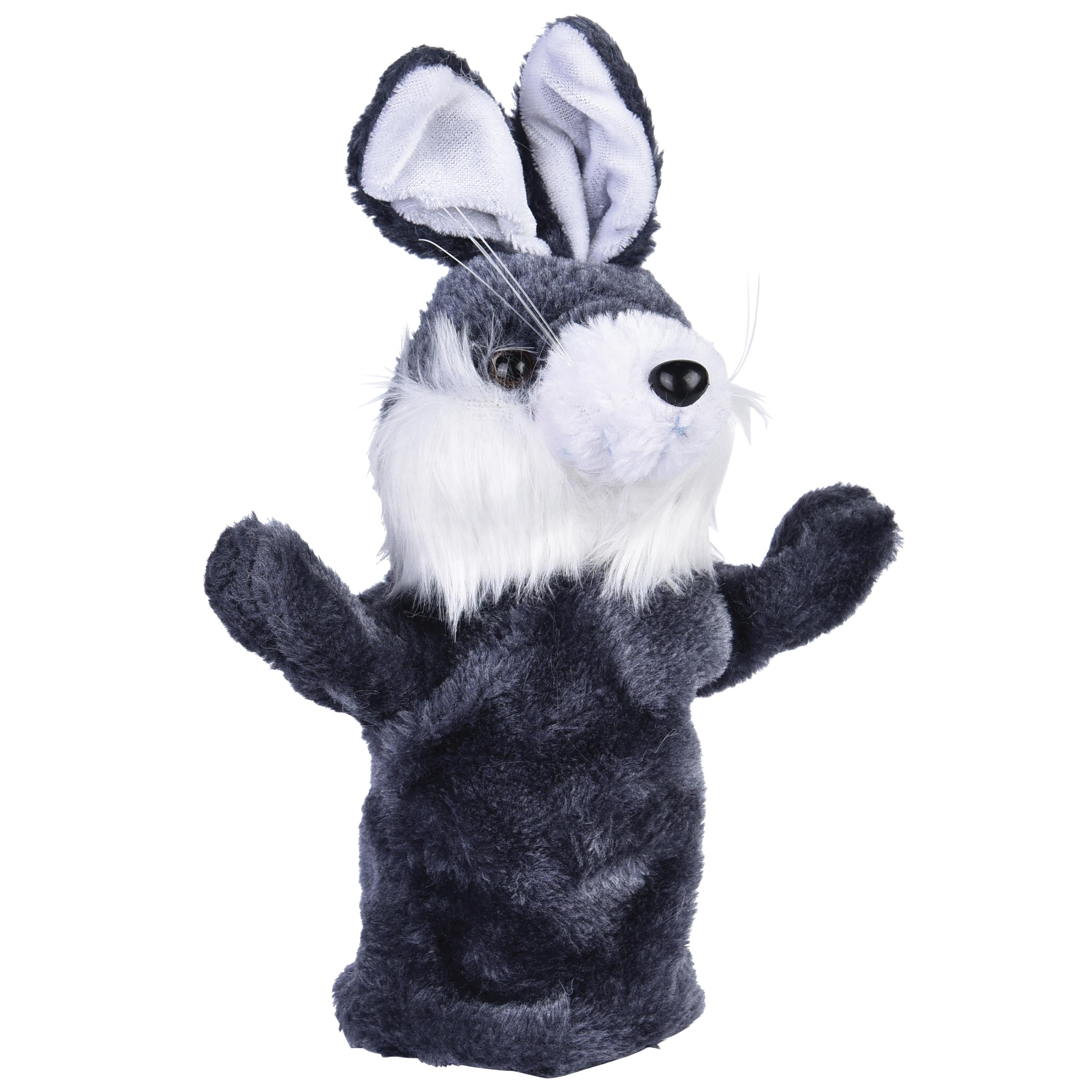 Plush toy hand puppet of a gray and white animal on a white background