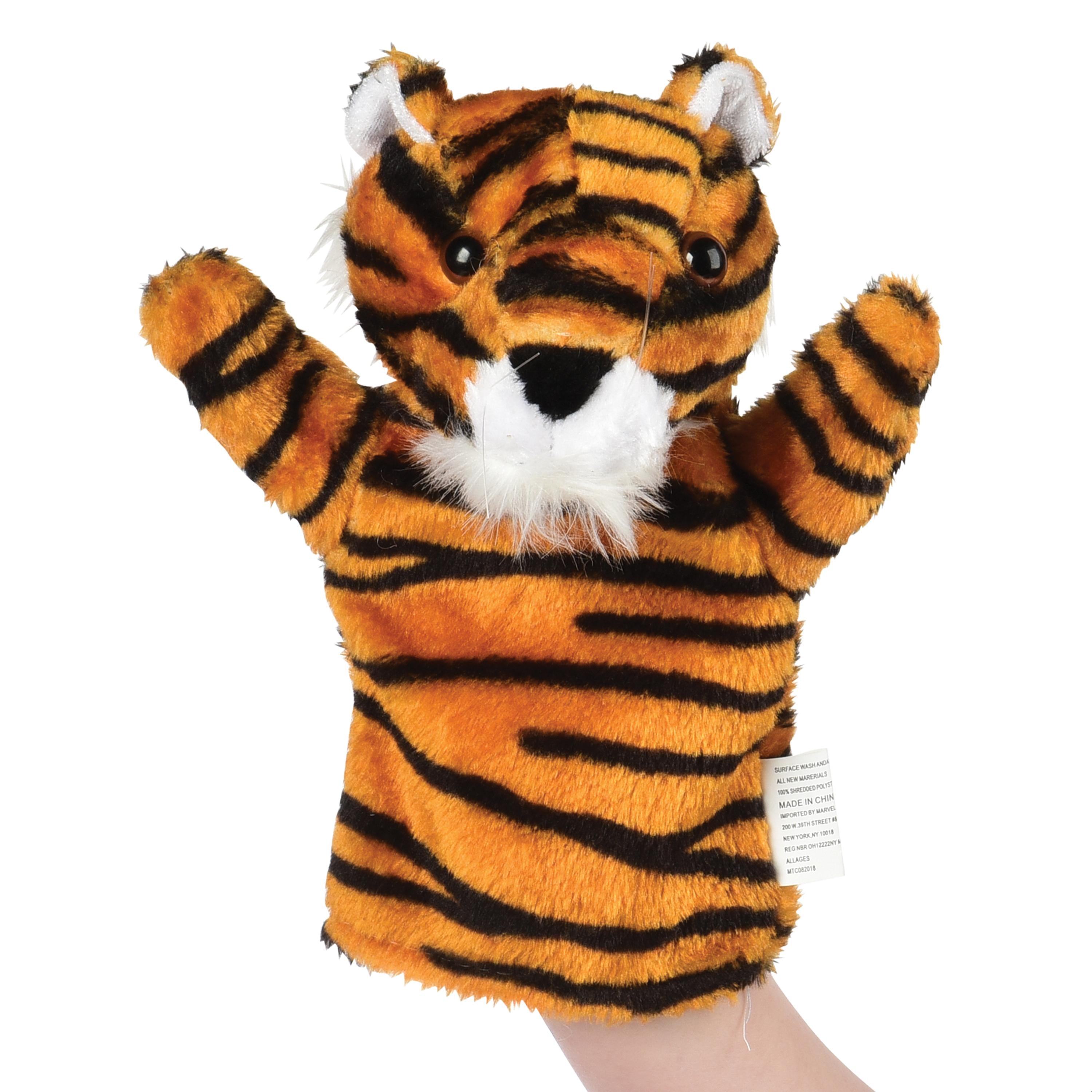 Plush tiger hand puppet on a white background