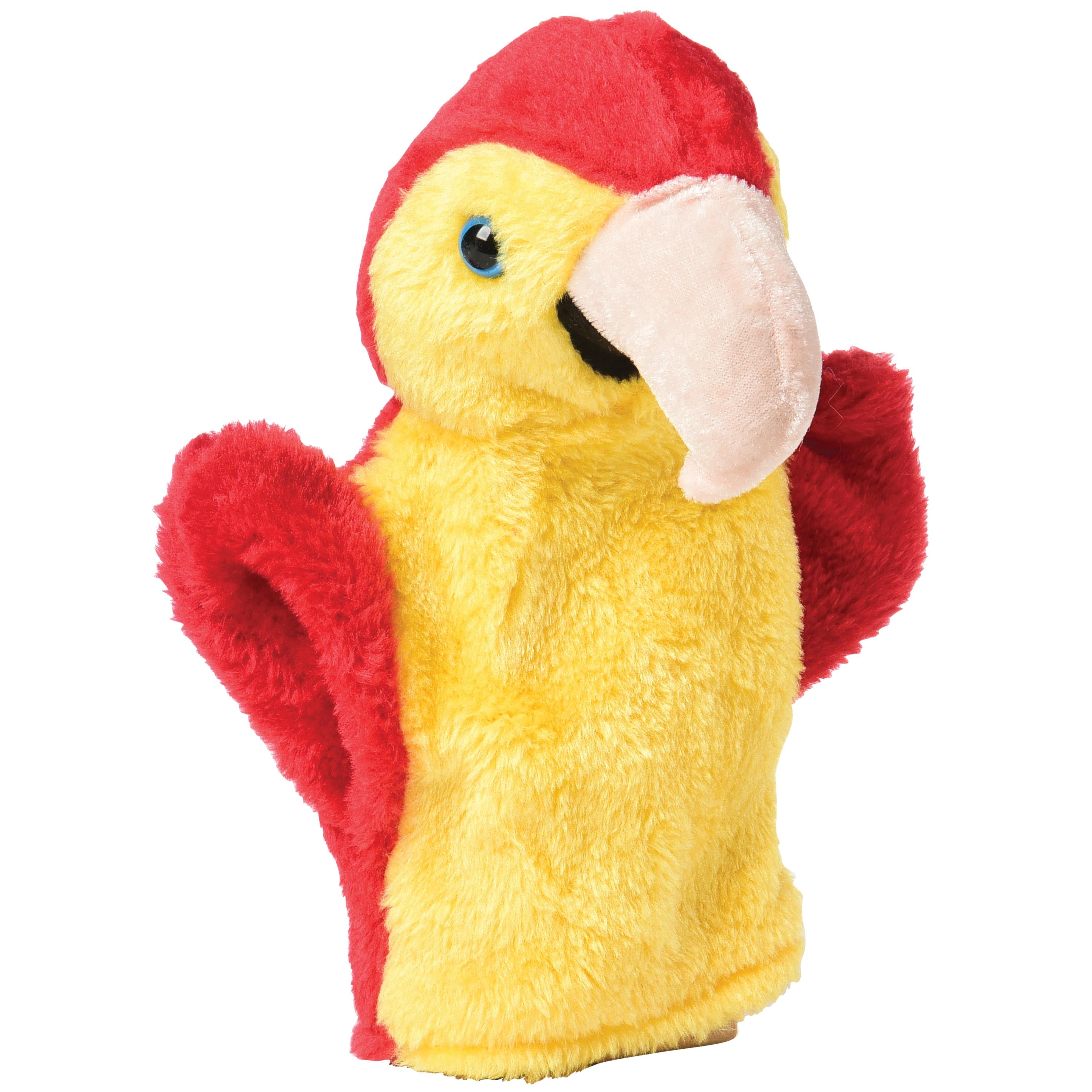 Plush parrot toy with red wings and yellow body on a white background