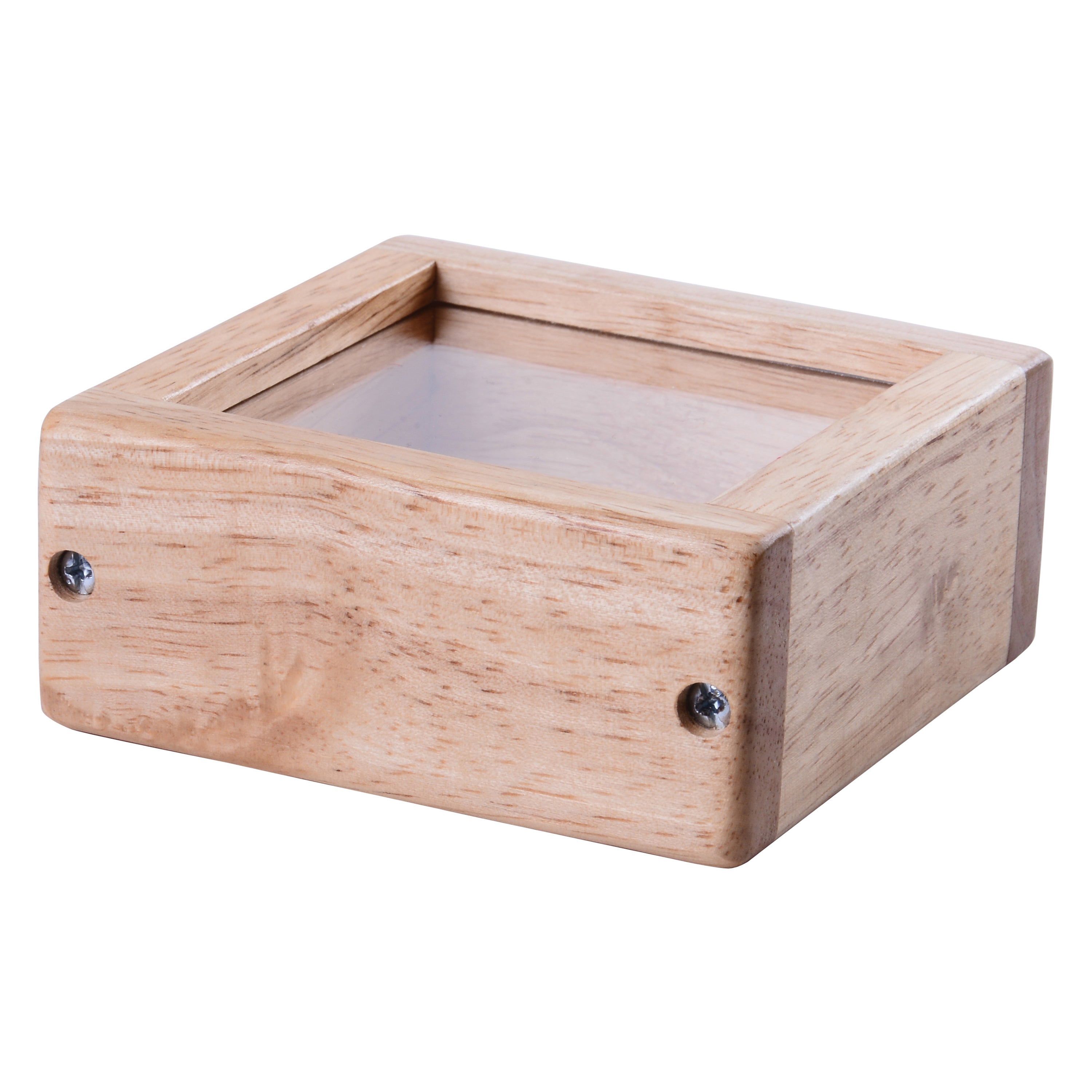 Wooden box with a clear lid on a white background