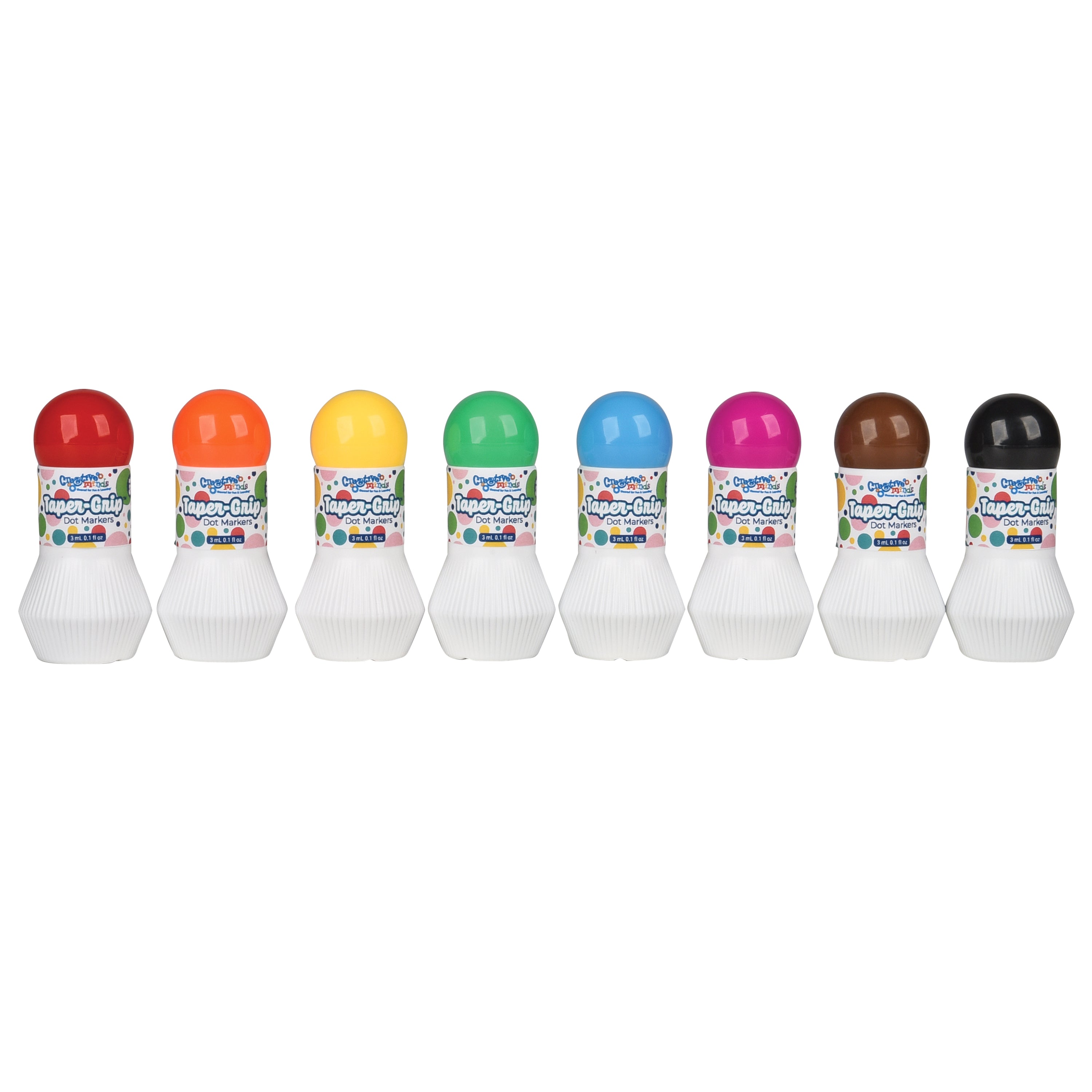 Set of eight white markers with colorful caps on a white background