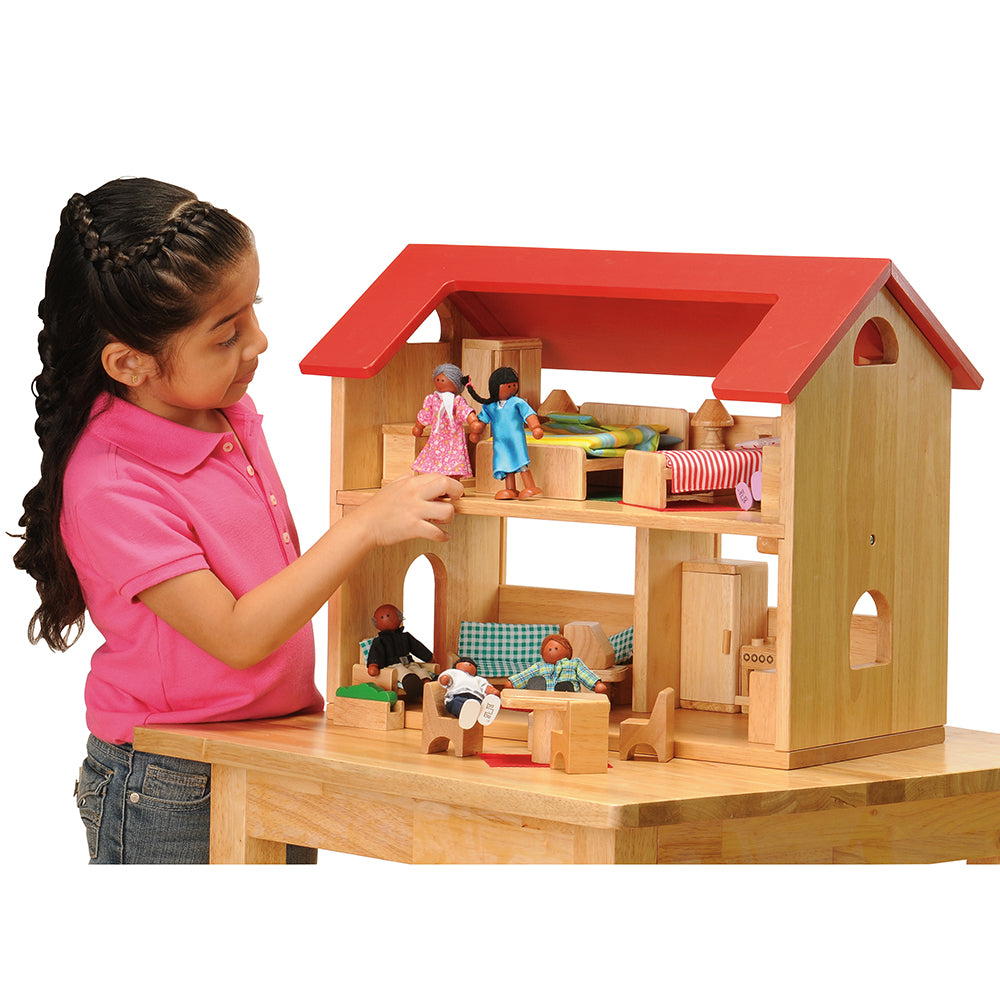 Wooden Dollhouse Complete with Furniture and Dolls