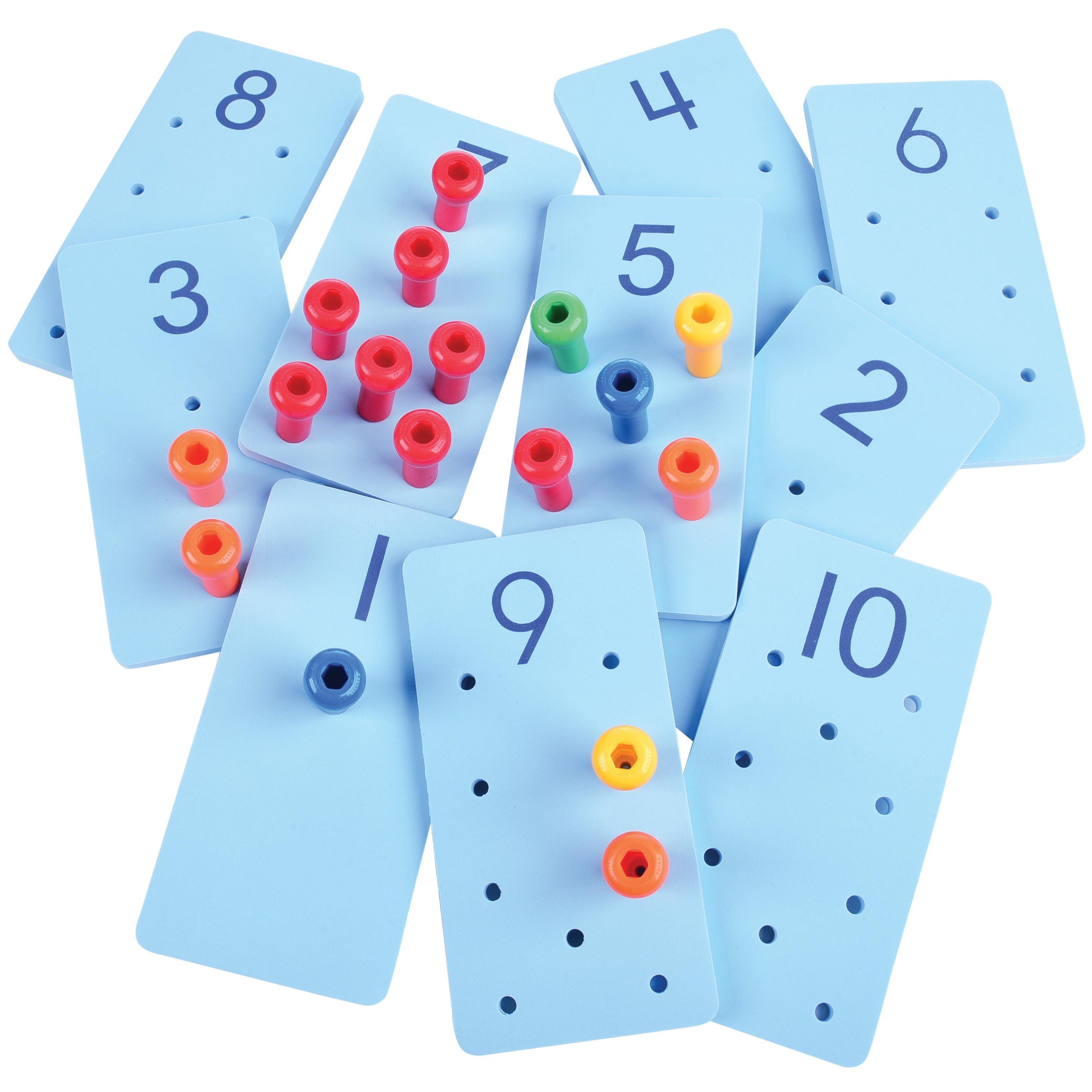 Set of blue number cards with colorful pegs on a white background