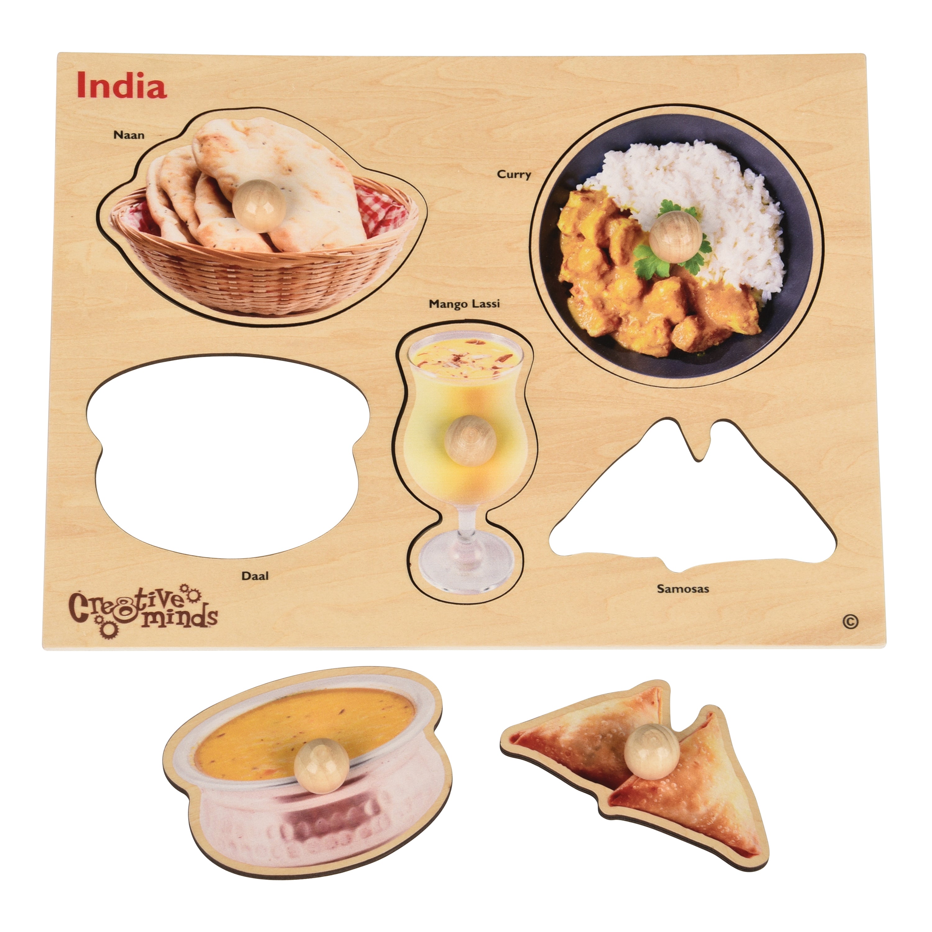 Wooden puzzle board with images of Indian food items and 'Creative Minds' branding.