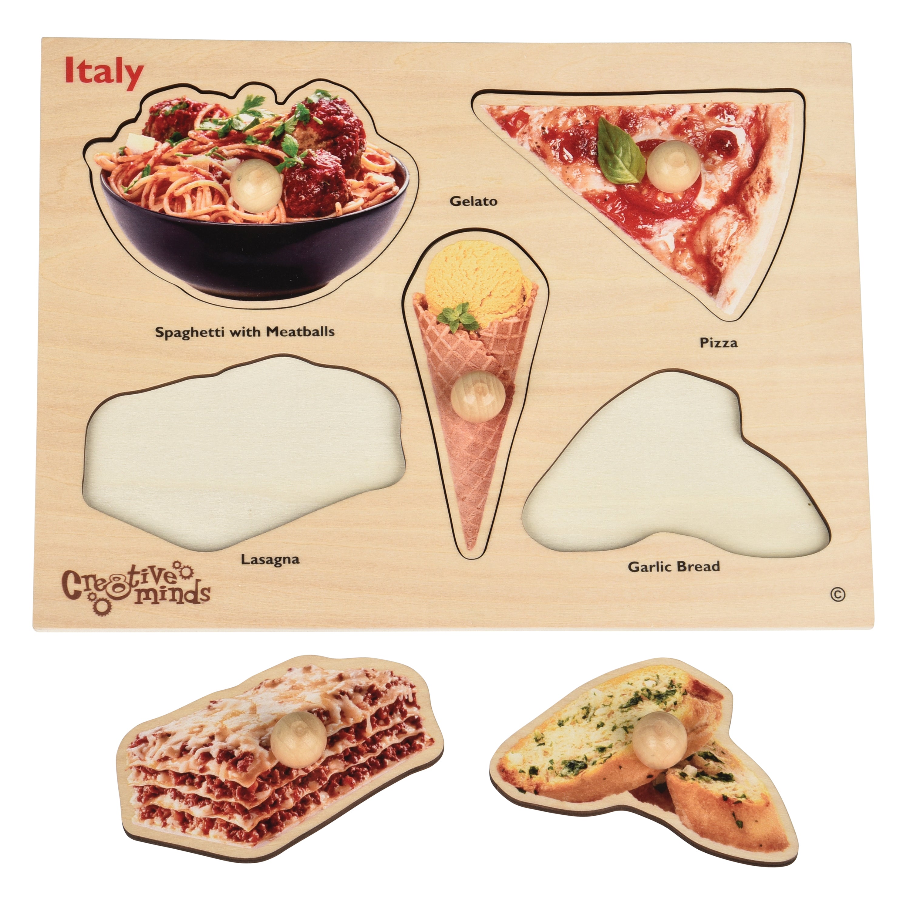 Wooden toy set representing Italian cuisine with labels on a beige background.