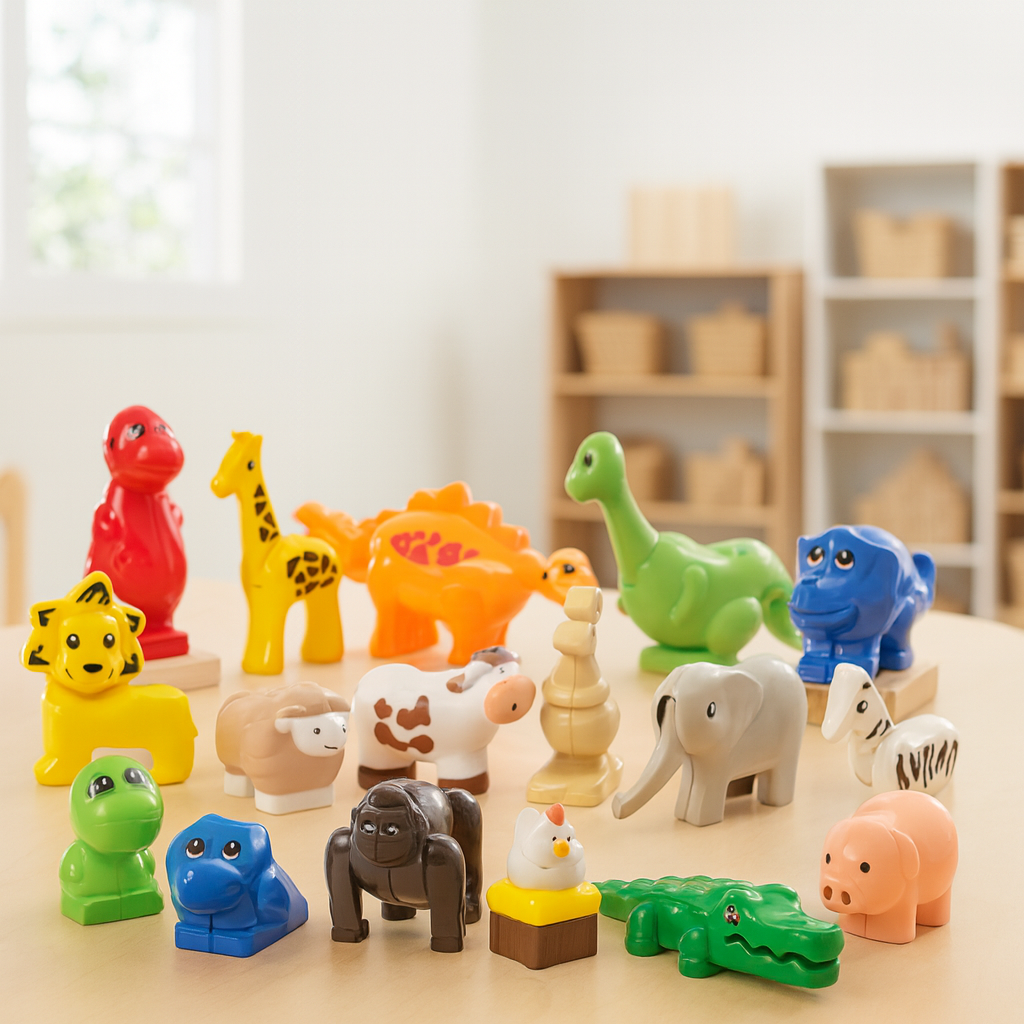 Colorful animal figurines on a wooden surface with a blurred background