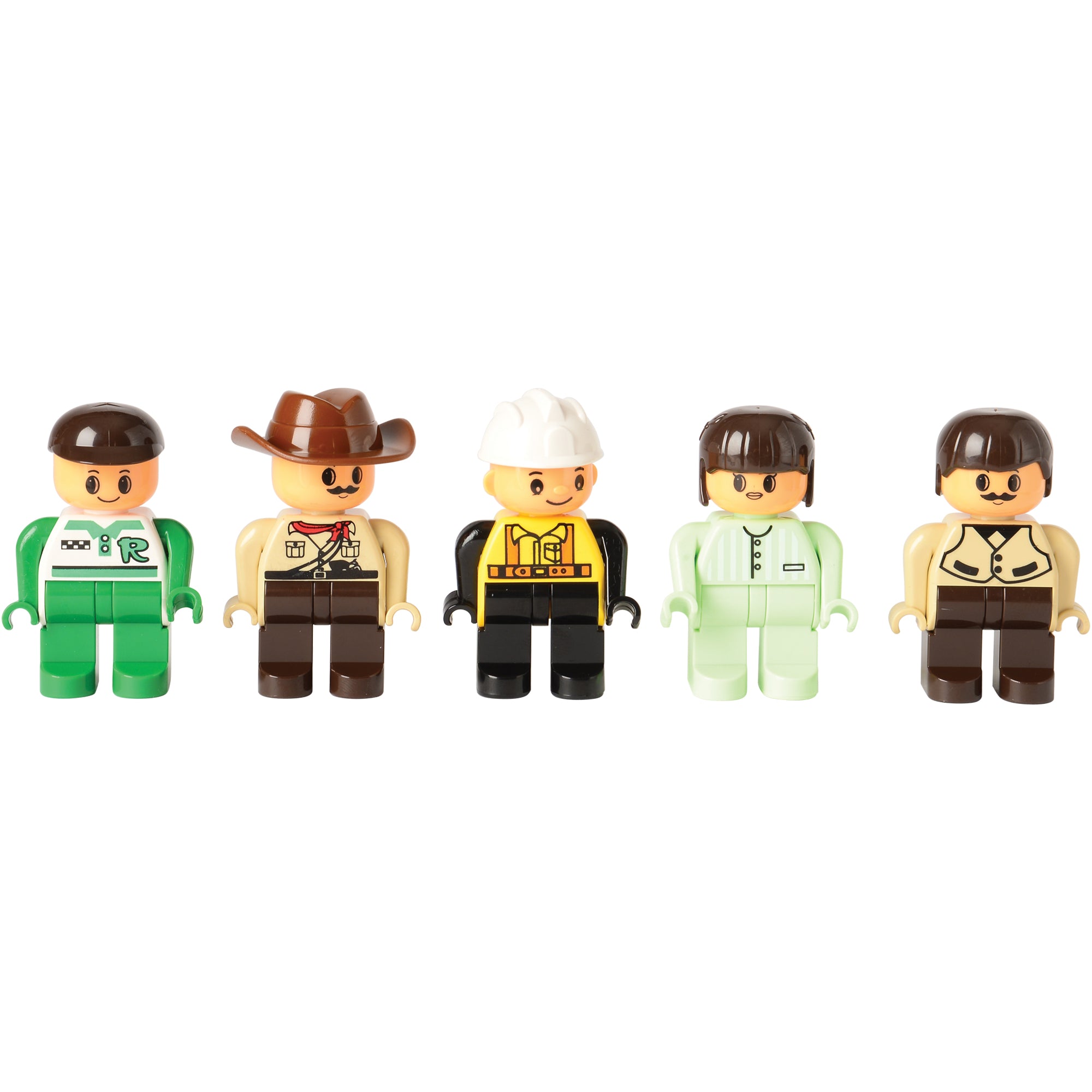Five toy figures with different outfits on a white background