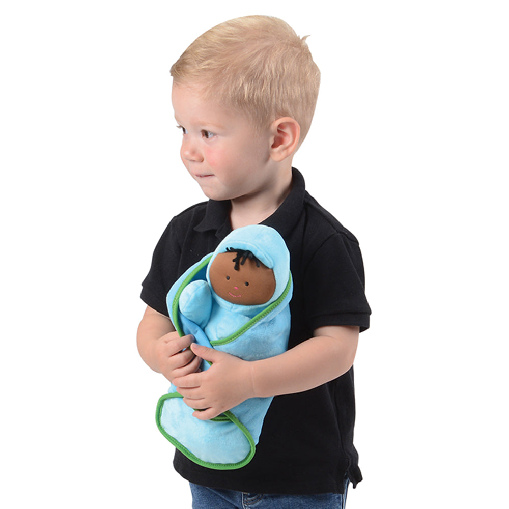 Toddler with Blue Swaddle Baby