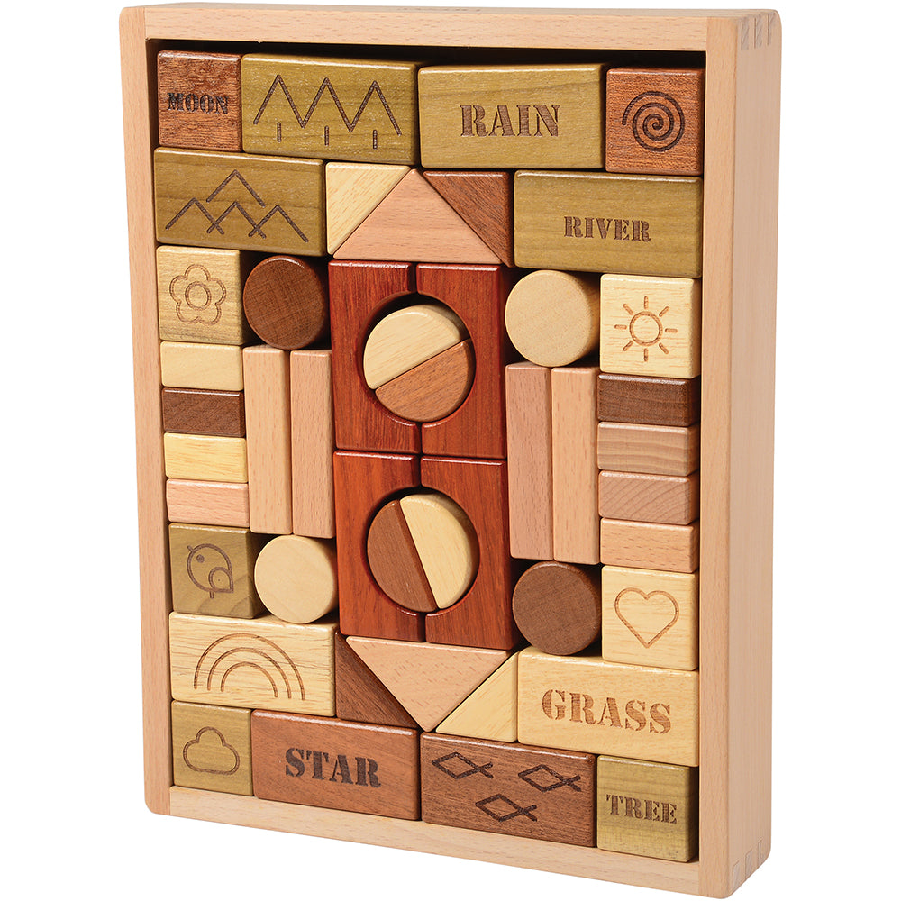 46-Piece Earth, Wind, and Water Nature-Themed Wooden Block Set in Storage Box