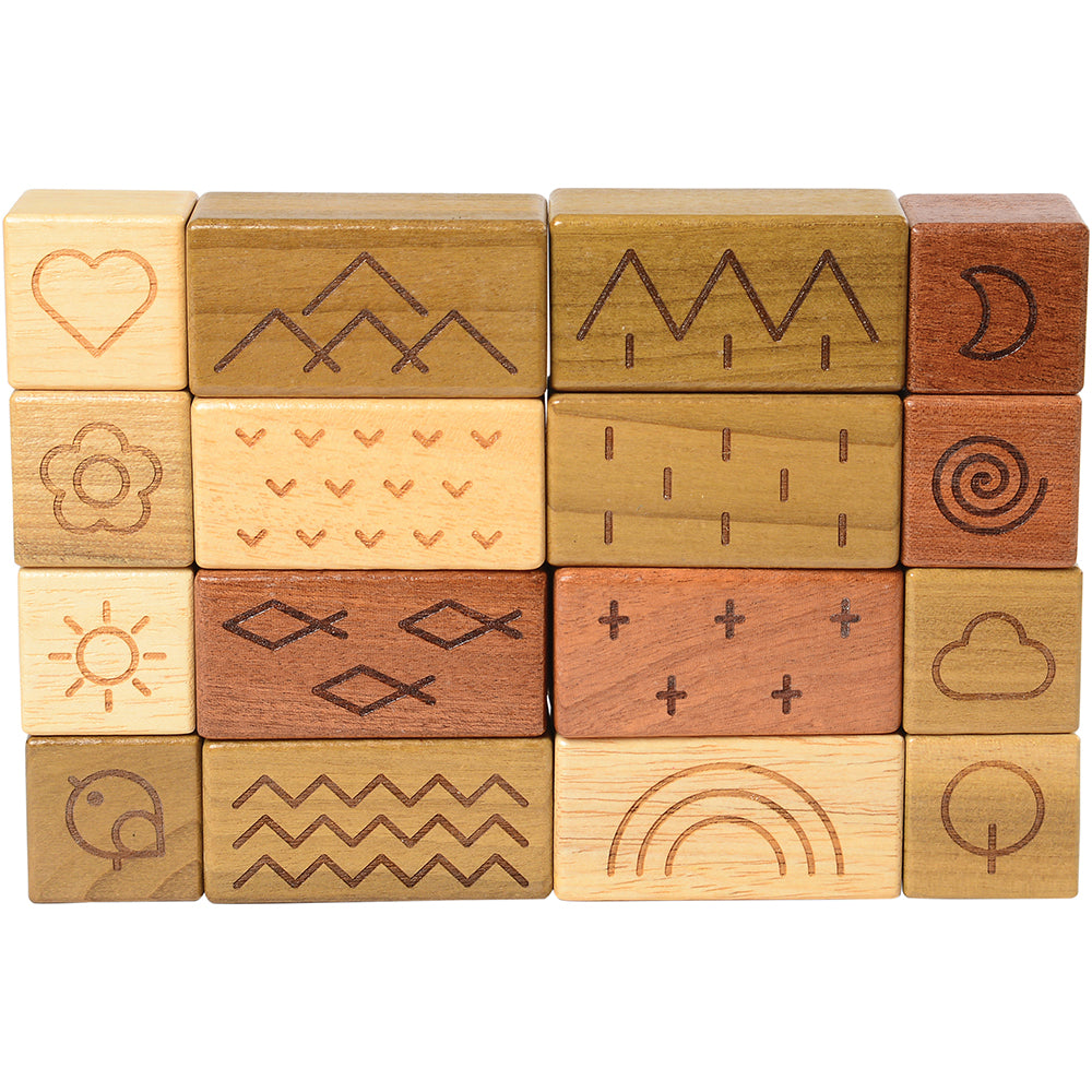 Earth, Wind, and Water Nature-Themed Wooden Blocks with Imprinted Symbols