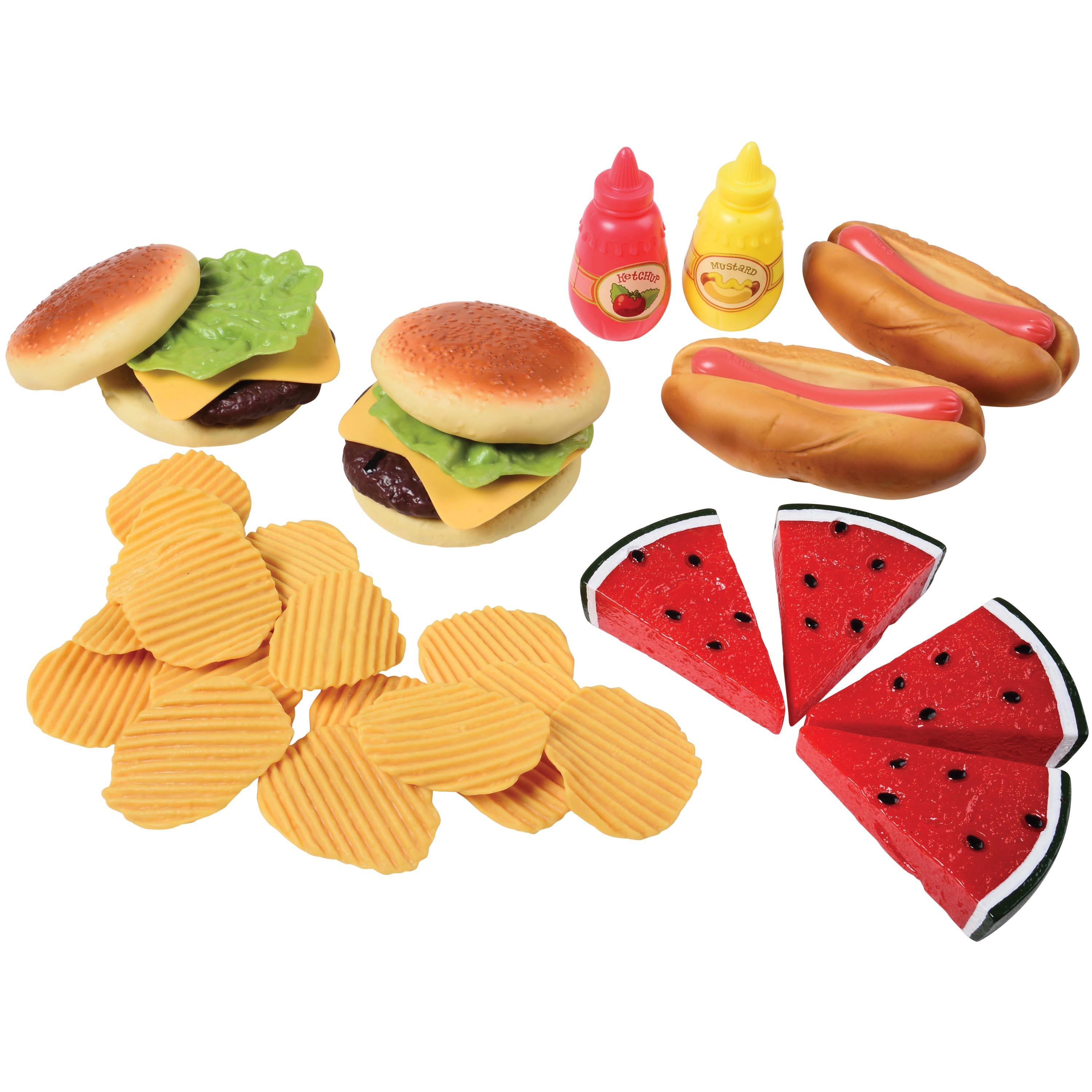 Play food items including hamburgers, hot dogs, chips, and watermelon slices on a white background