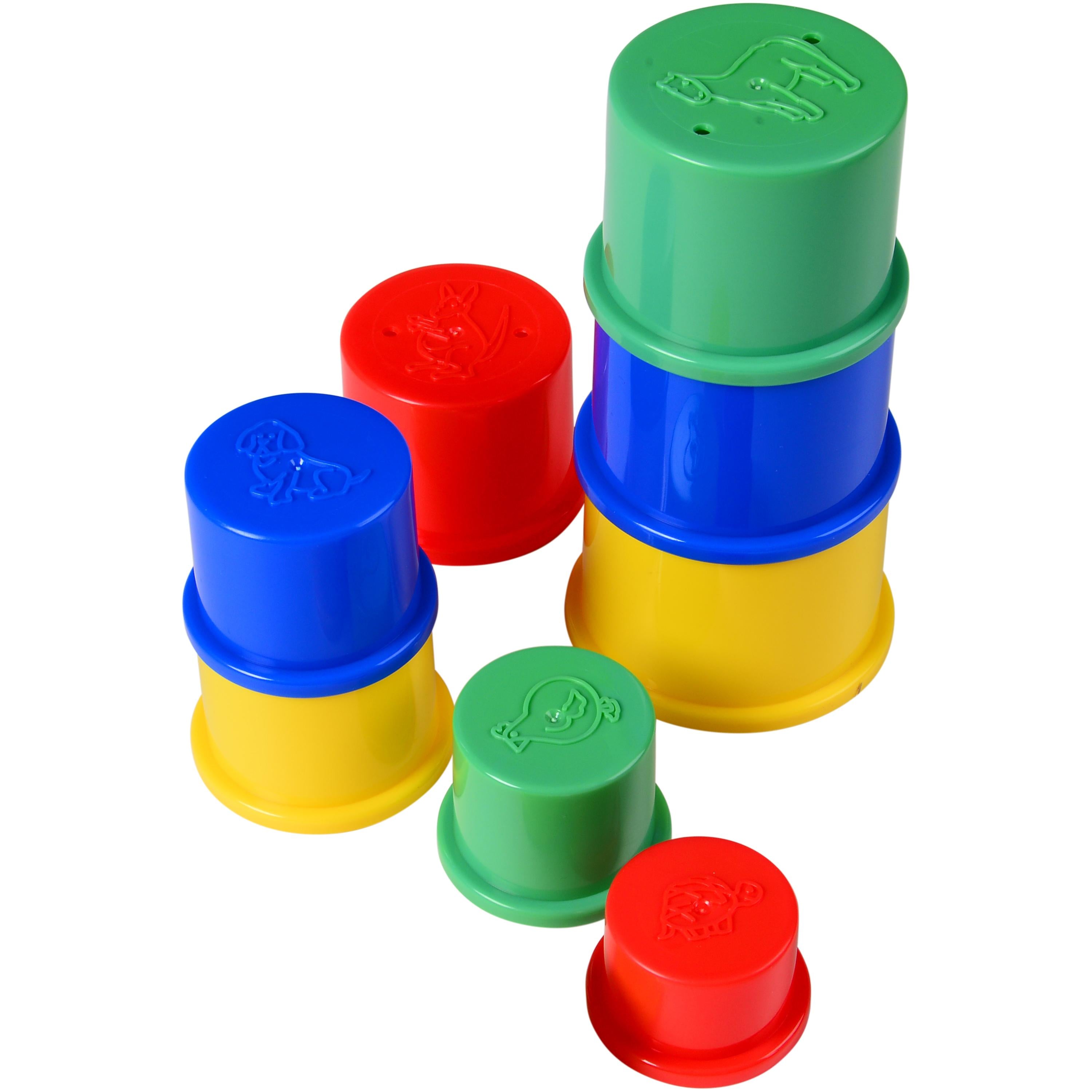 Set of colorful plastic cups stacked on a white background