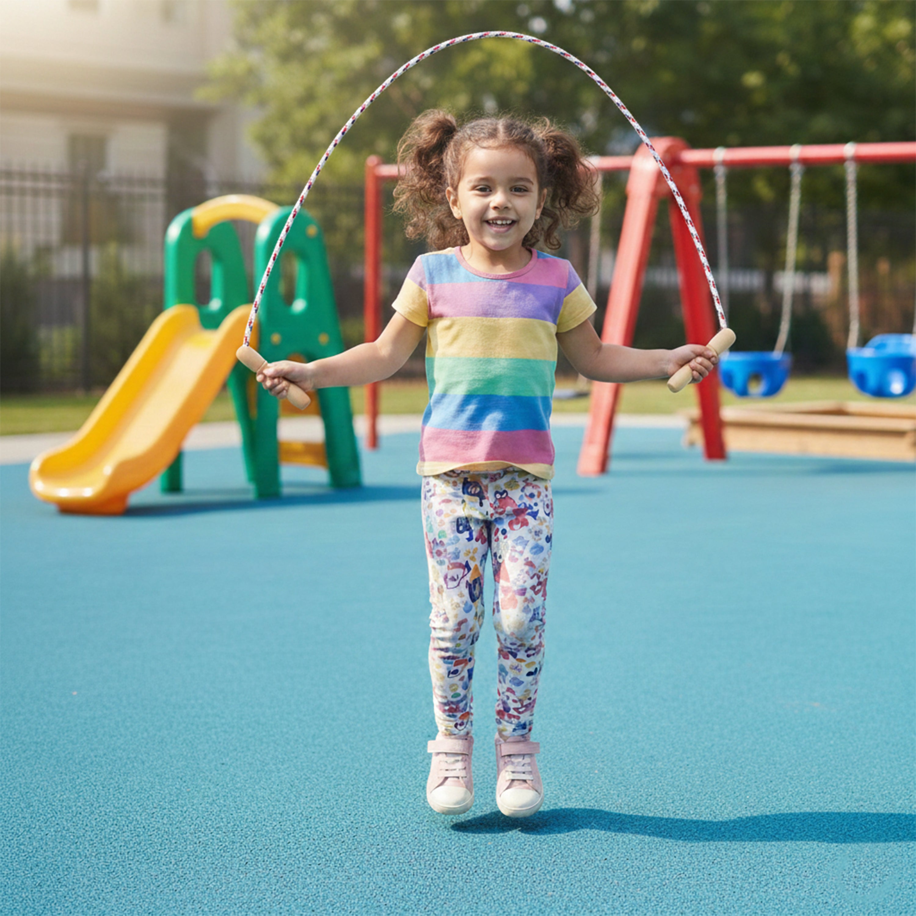 Child playing with a jump rope on a playground