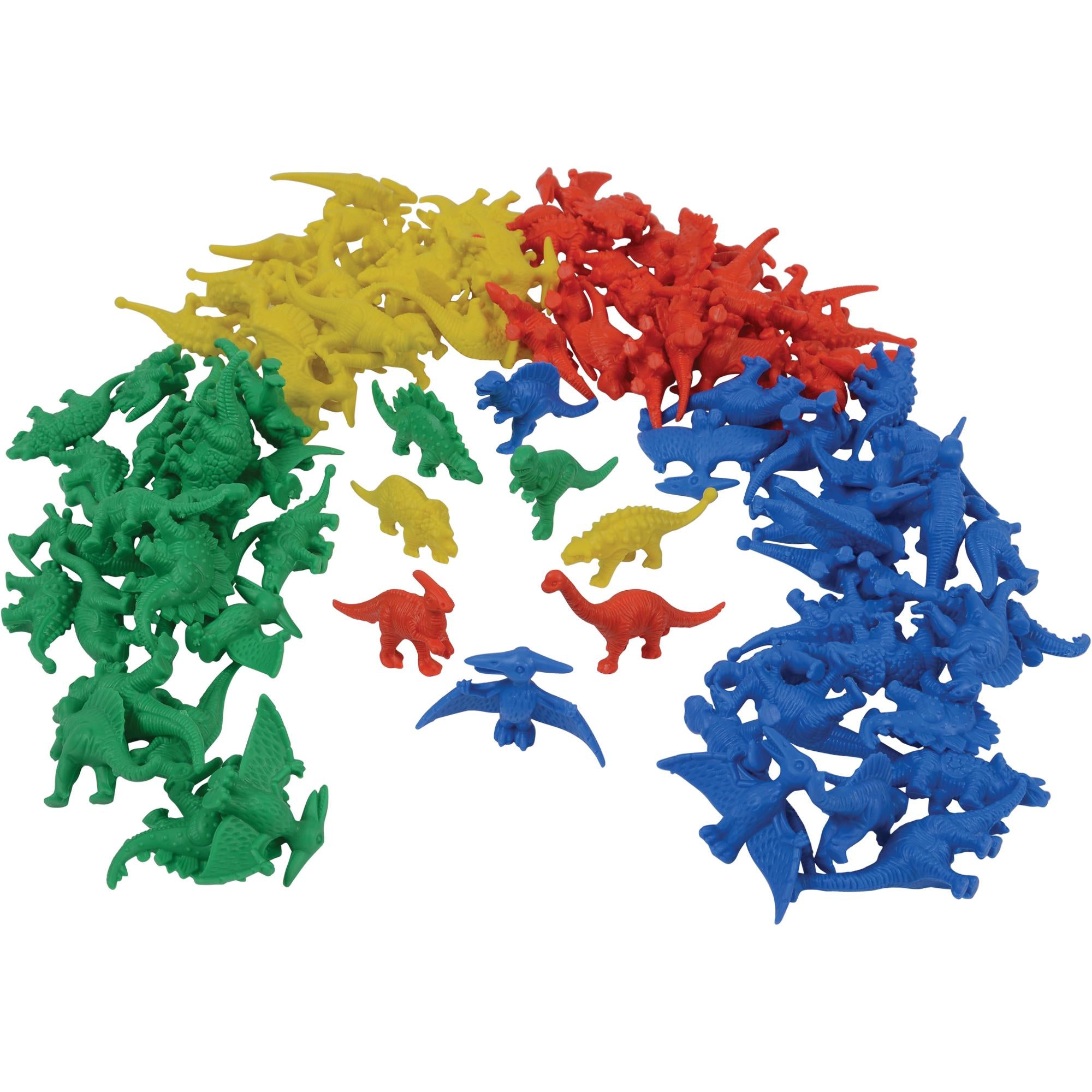 Colorful plastic dinosaur toys arranged in a circular pattern on a white background