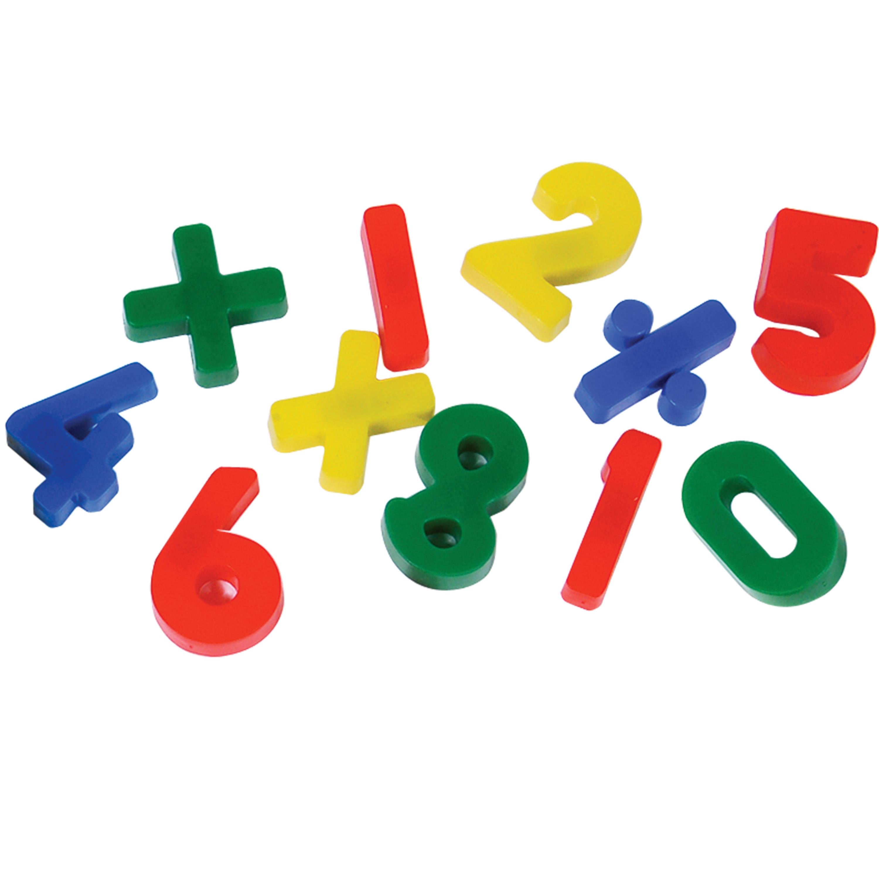 Colorful magnetic numbers and math symbols on a white background