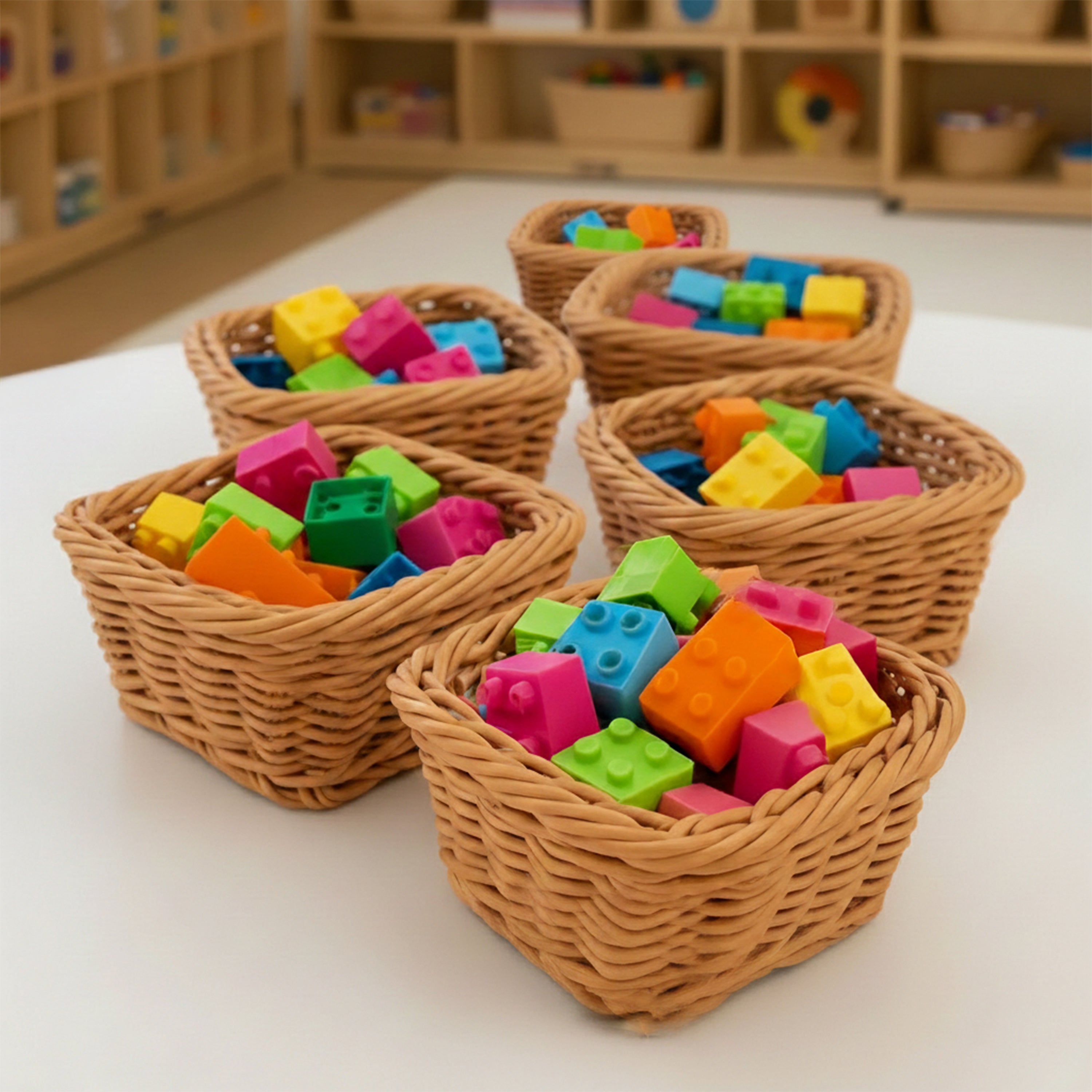 Square Plastic Woven Baskets | Set of 6 | Durable, Dishwasher-Safe Classroom Storage