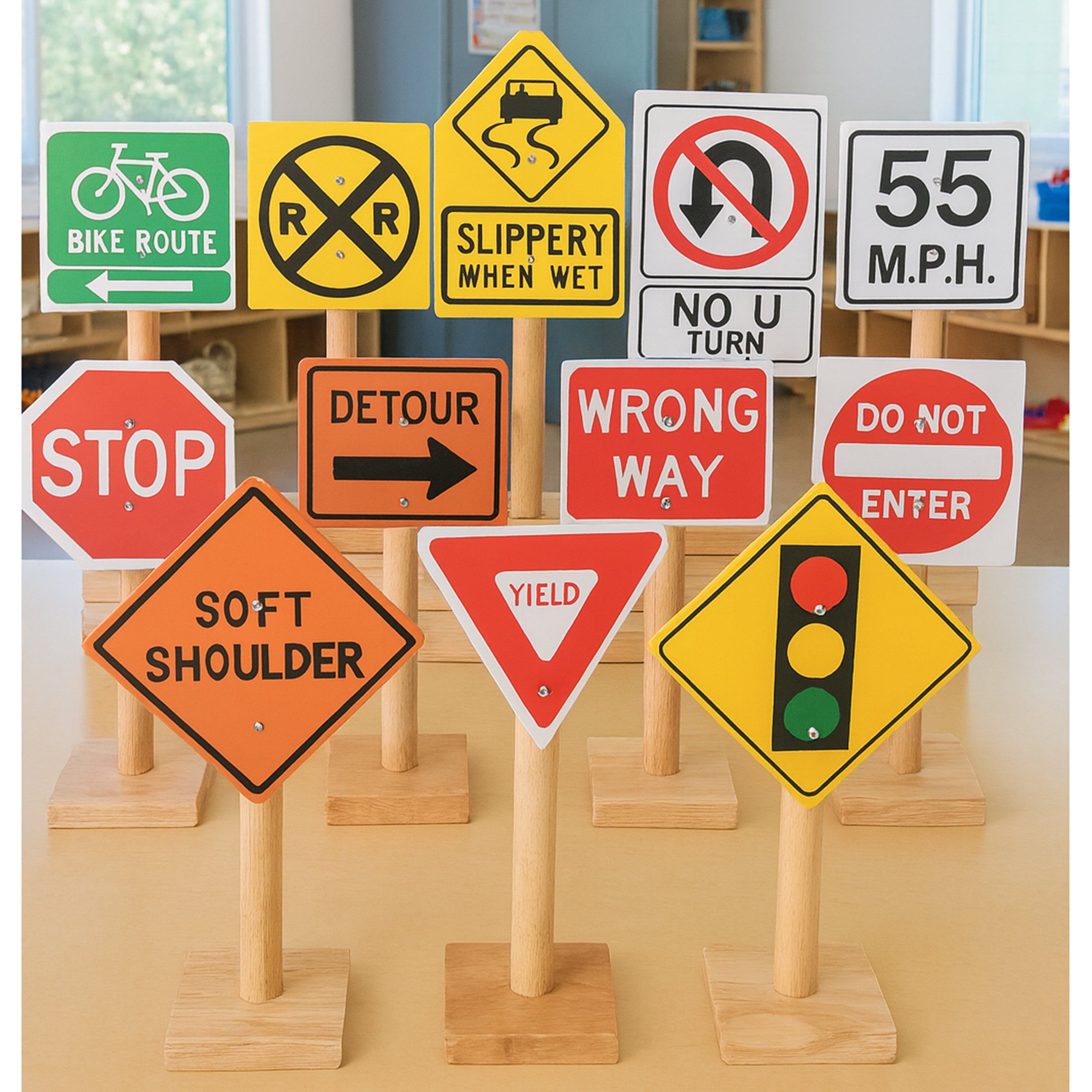12-Piece Large Wooden International Traffic Sign Set | 11" Signs on 3" Bases for Classroom Safety Learning