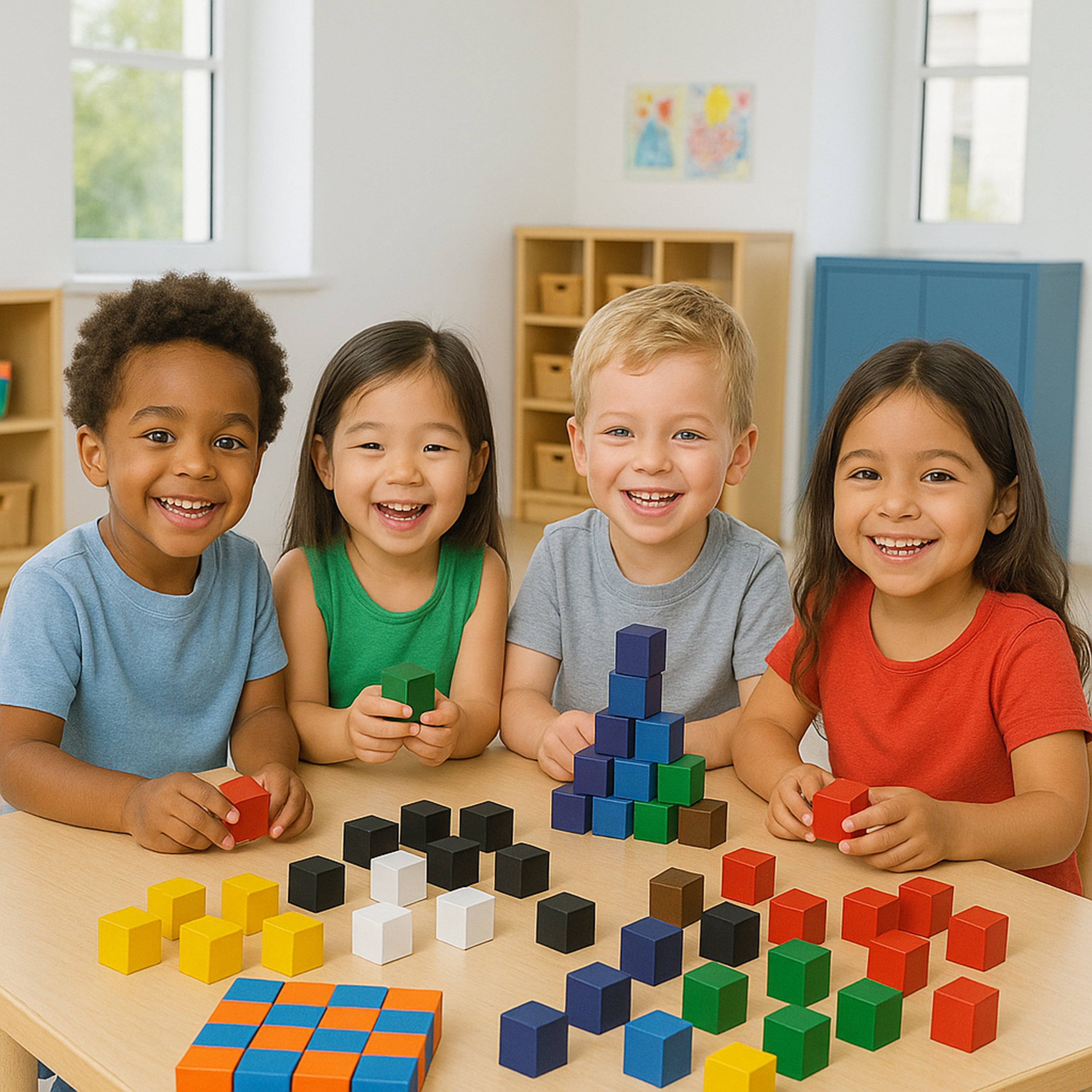 Four children playing with colorful blocks in a classroom setting