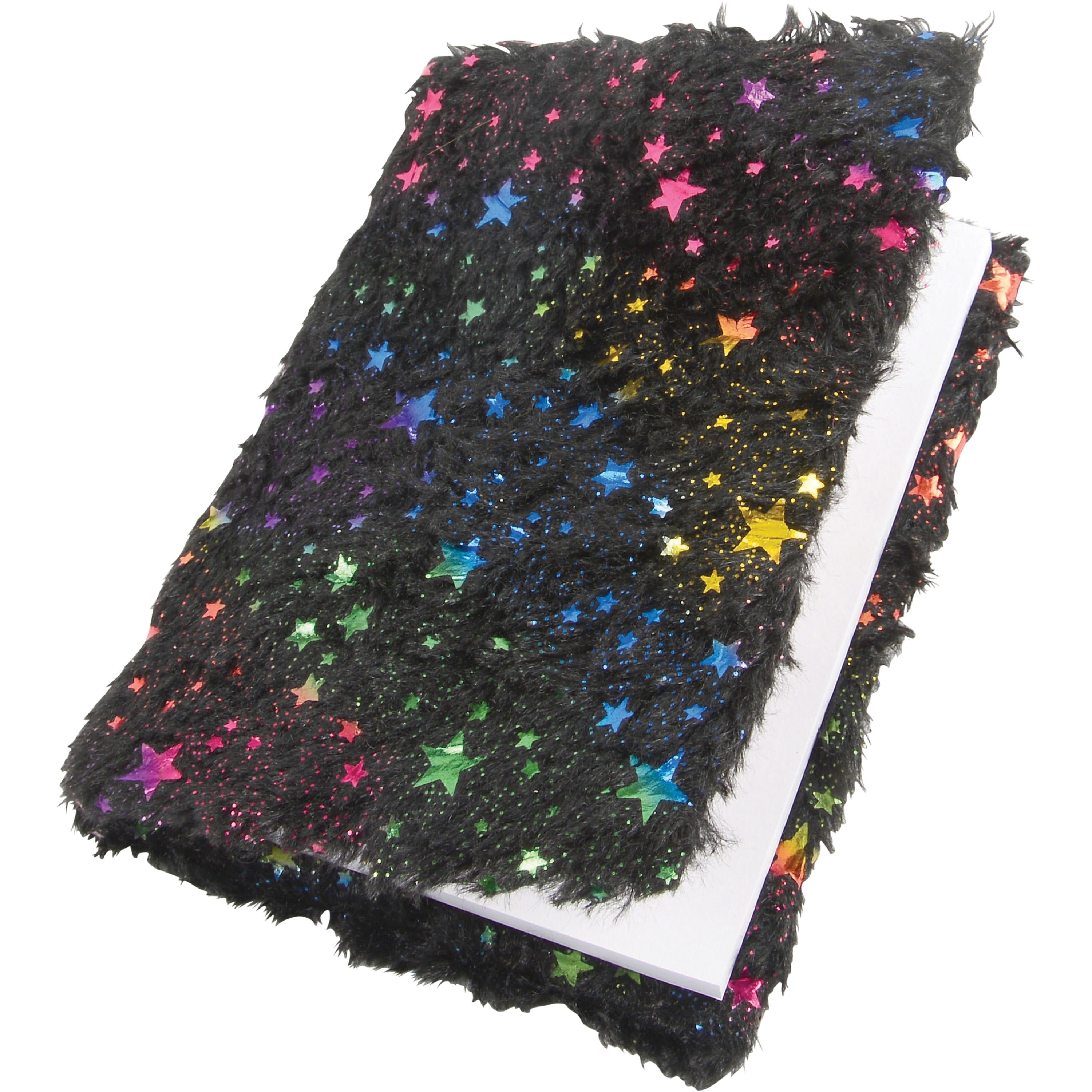 Black faux fur notebook with scattered colorful glittery star sequins, shown folded over a white backing board on a white background.