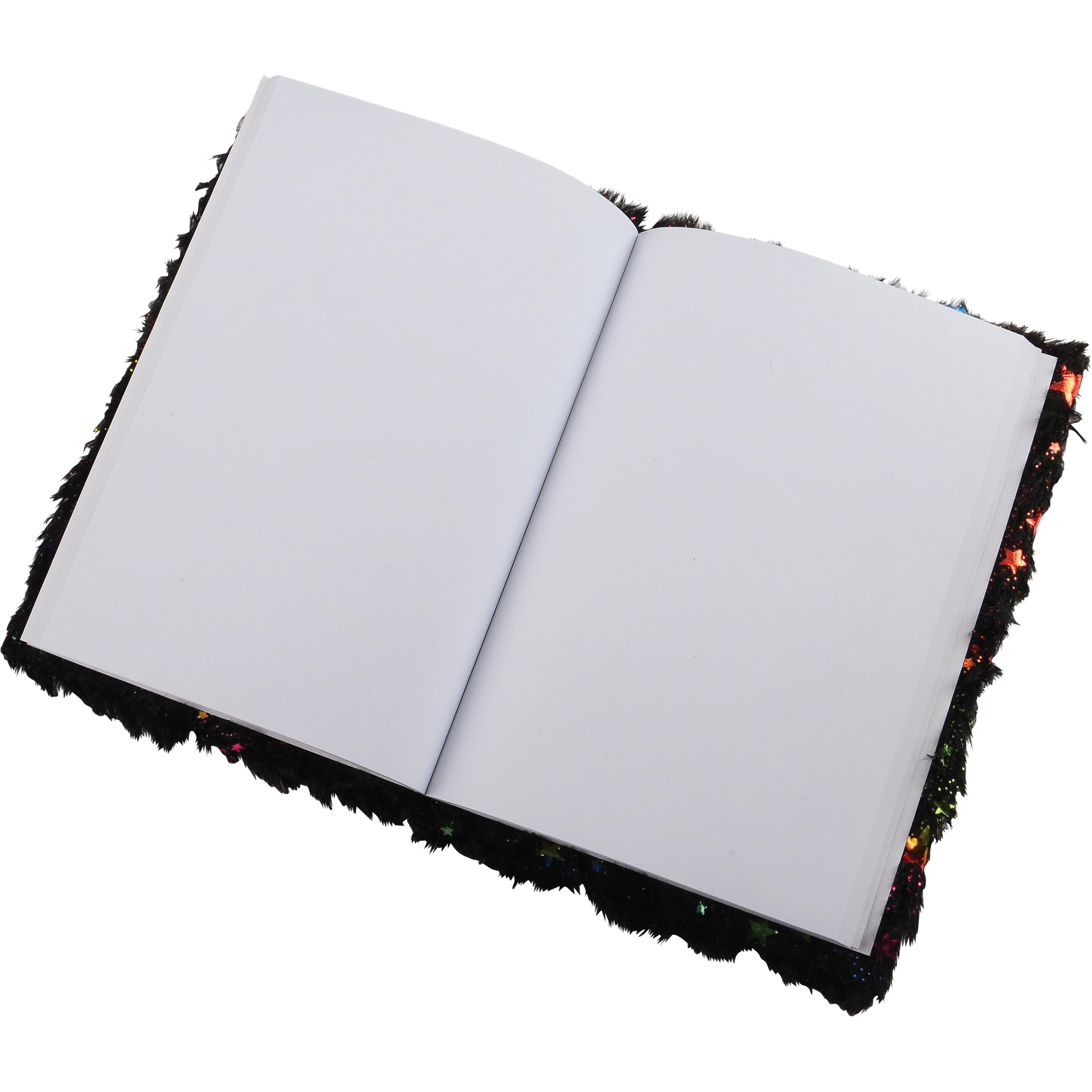 An open blank notebook with white pages and a black frayed cover, shown on a plain white background.