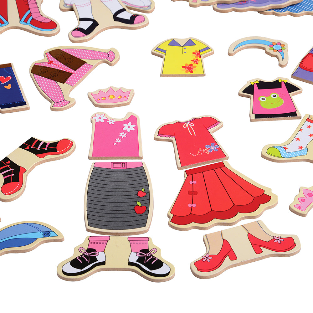 Close Up of Wooden Magnetic Dress Up Clothes and Accessories