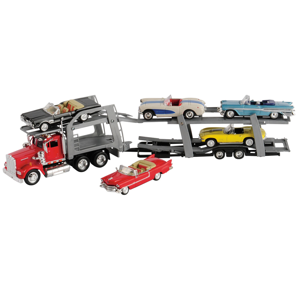 Classic car transport truck playset loaded with colorful die-cast convertible cars on white background