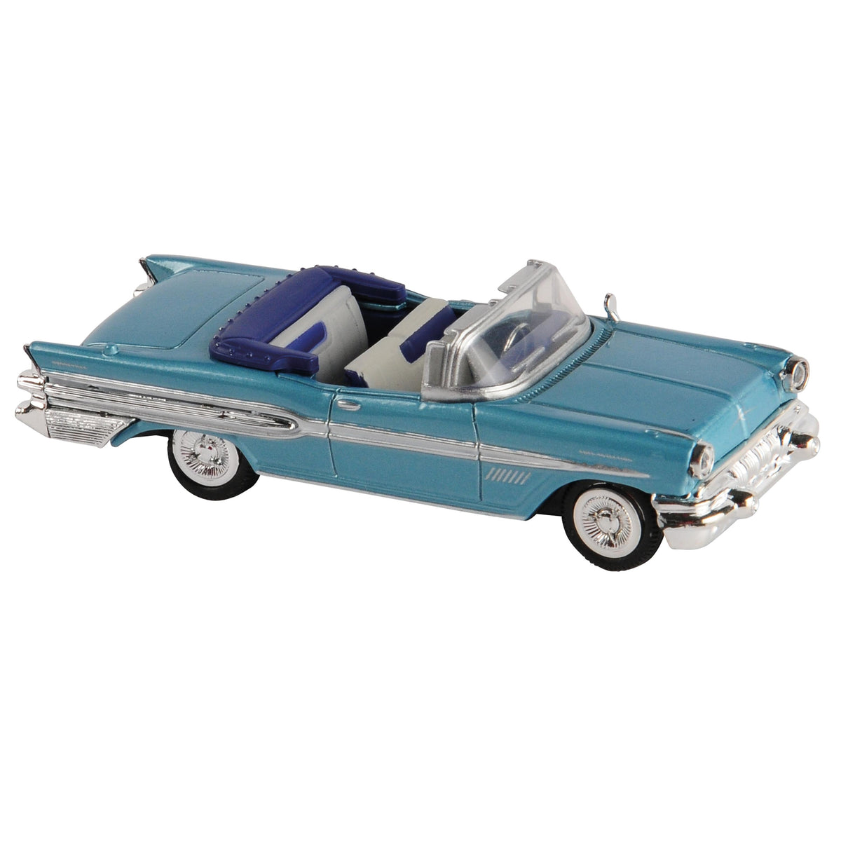 Blue classic die-cast convertible toy car with chrome details and two-tone interior