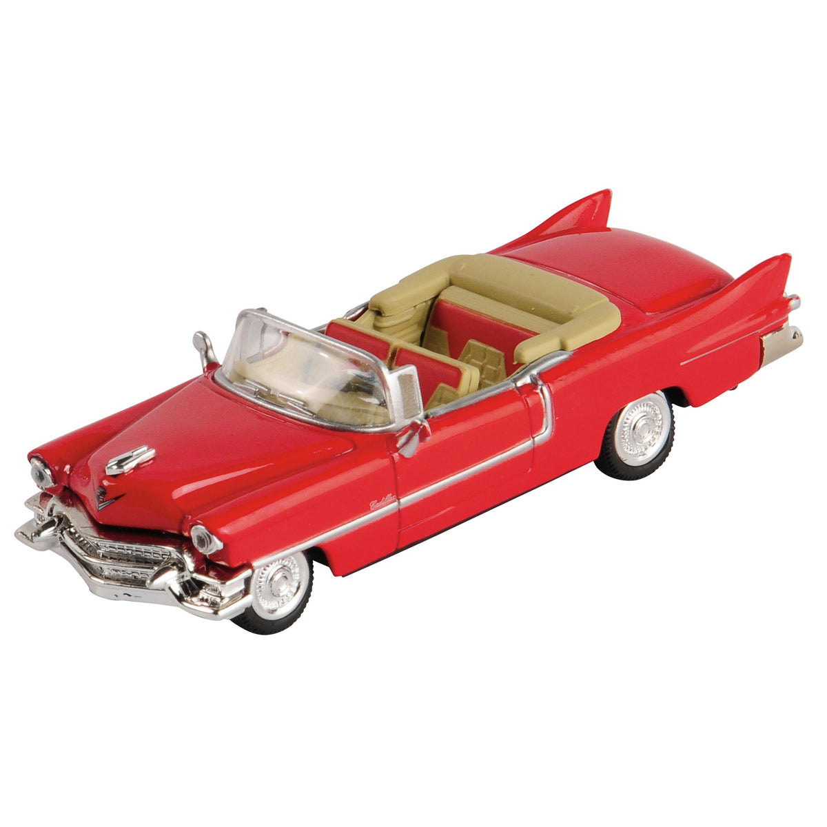 Red classic die-cast convertible toy car with tan interior and chrome details
