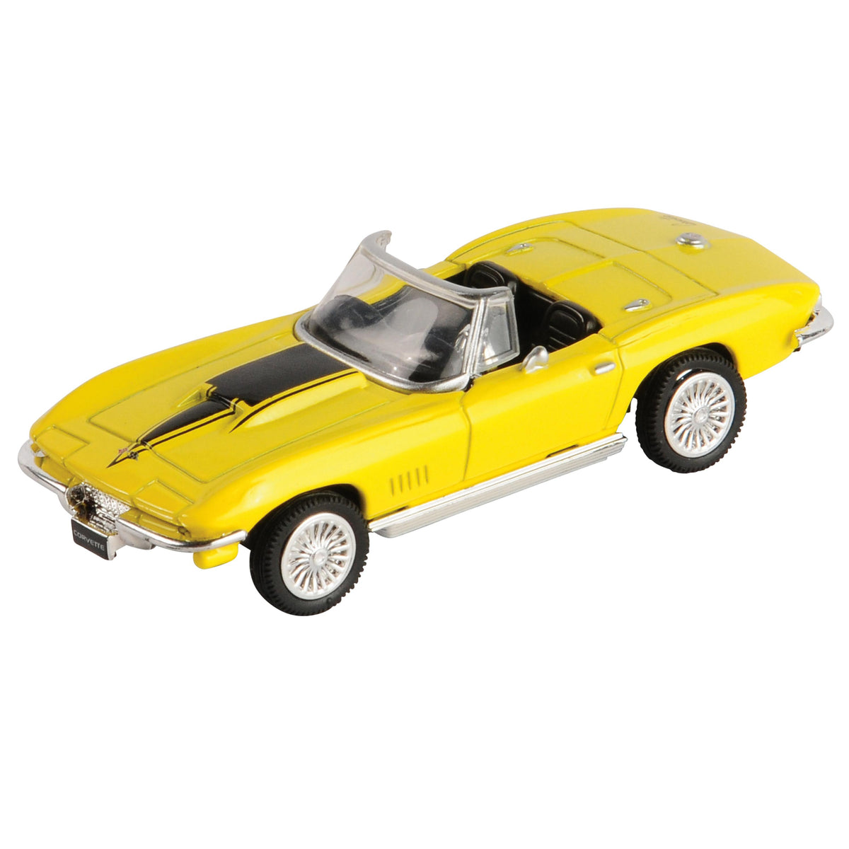 Yellow classic die-cast convertible toy car with black racing stripe and silver details
