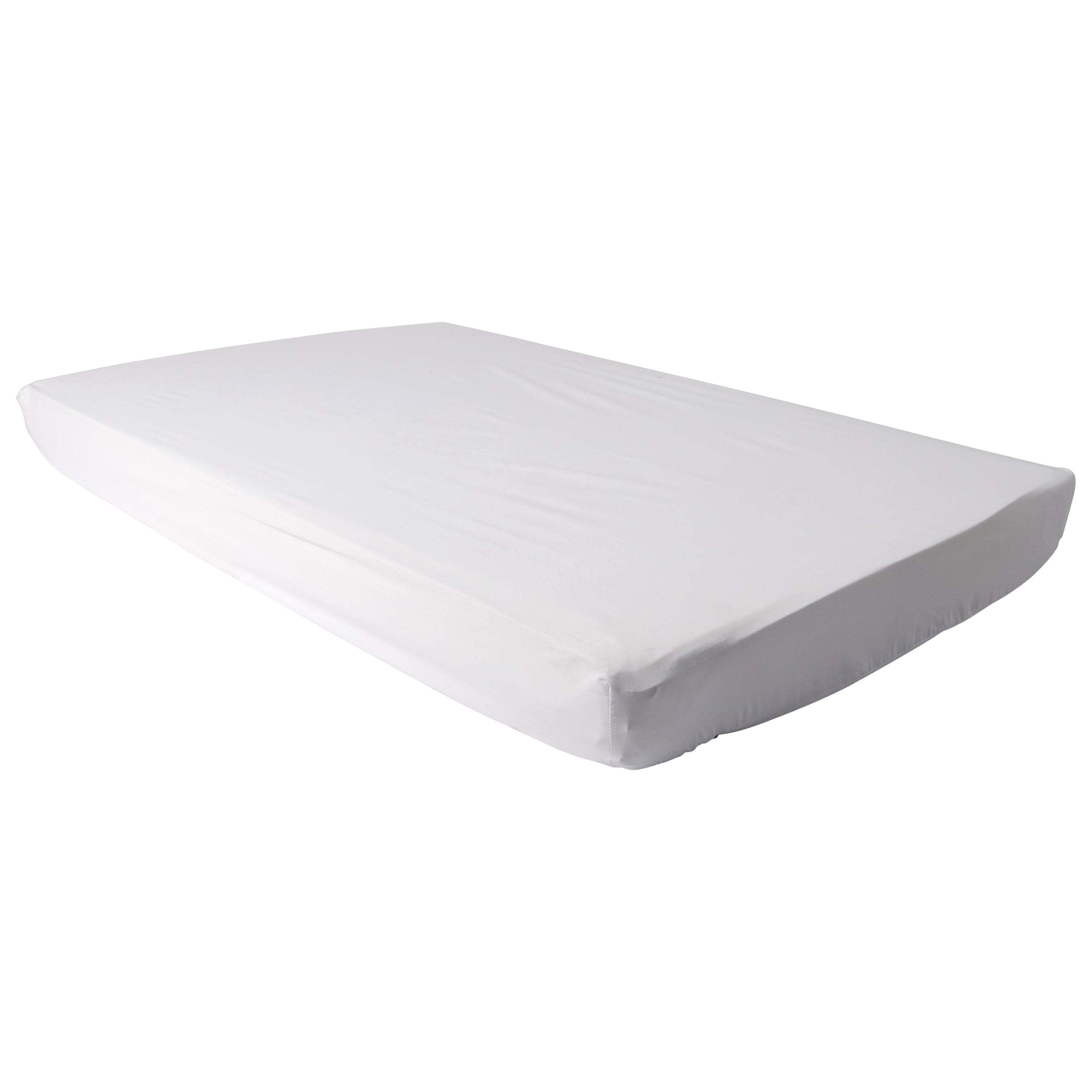 White fitted sheet on crib mattress on a white background