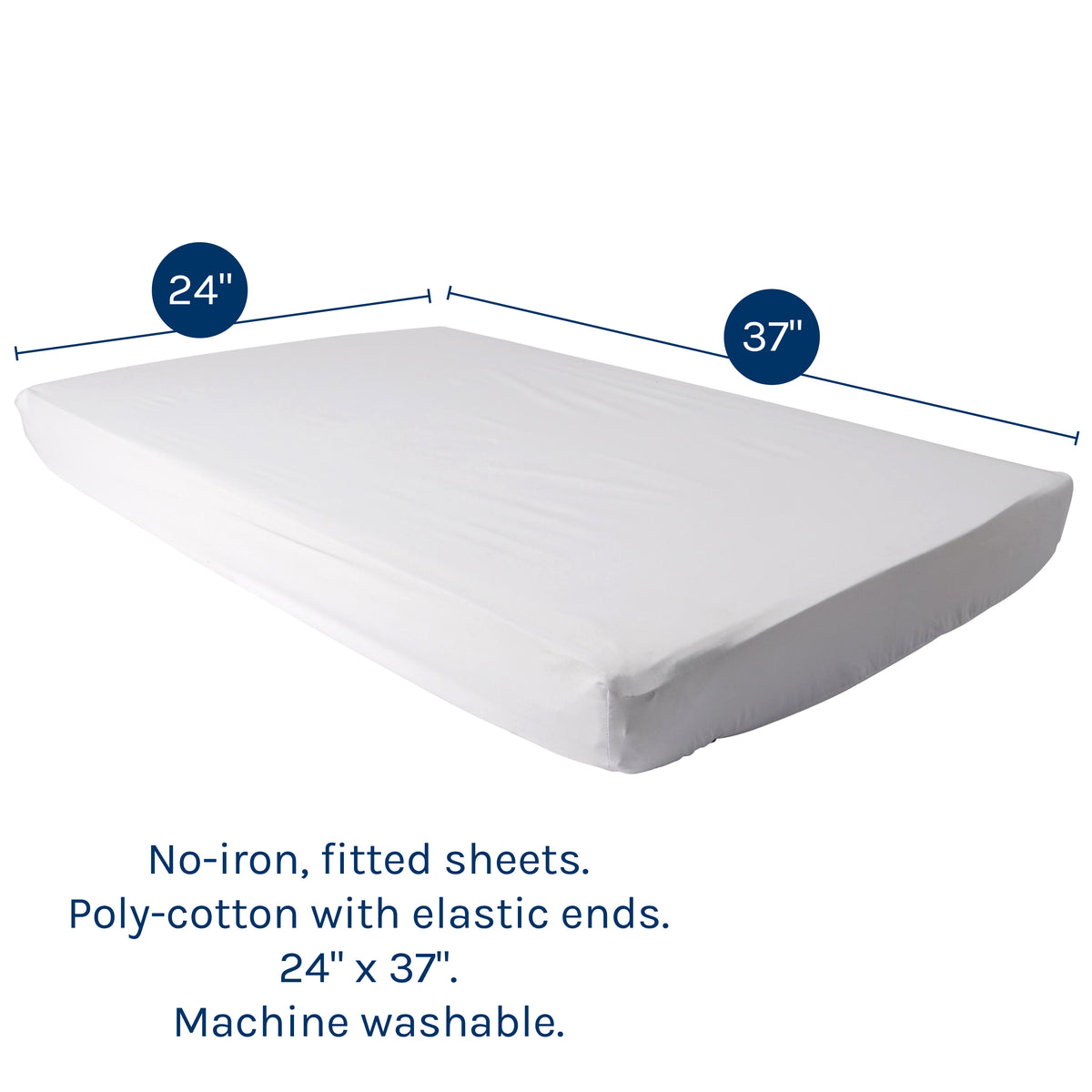 A fitted white mattress sheet shown on a mattress, with dimension labels indicating 24 by 37 inches and descriptive text below on a white background.