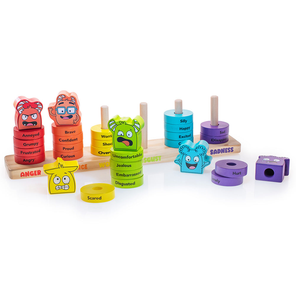 Colorful emotional expression toys on a white background