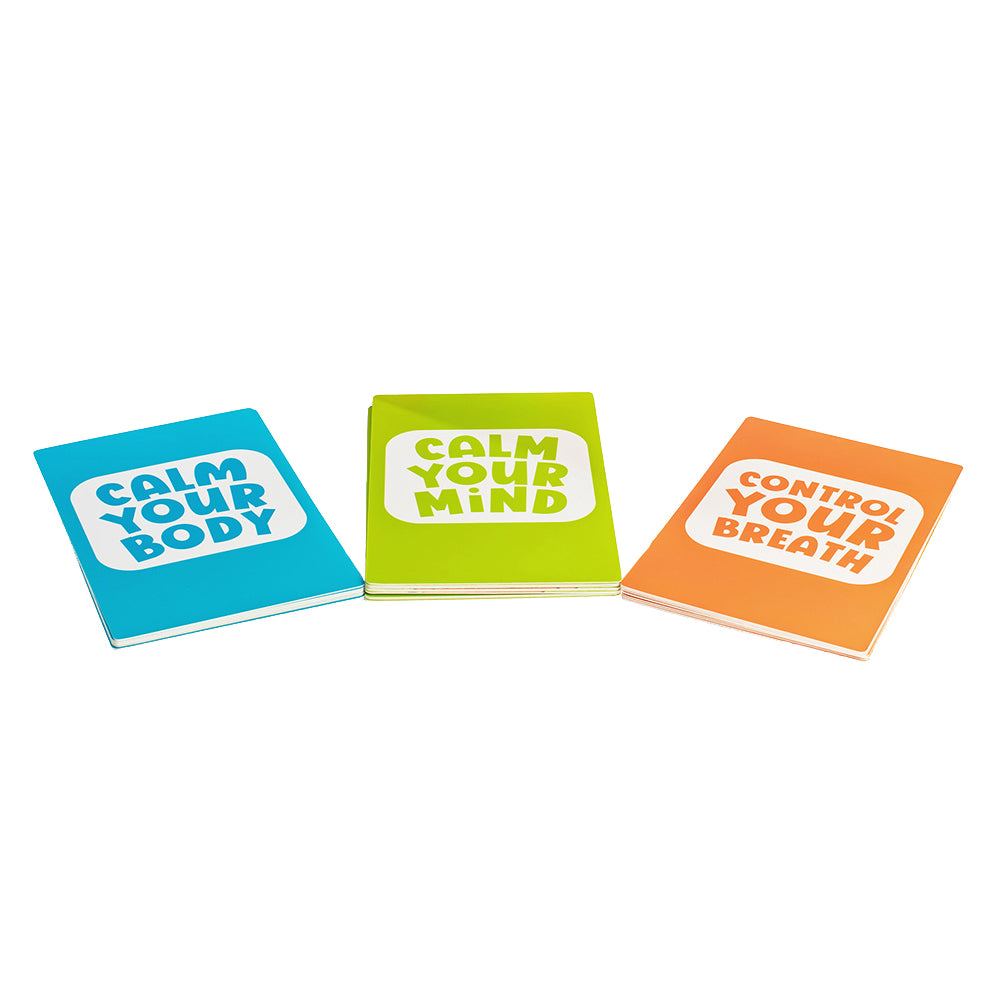 Three colorful stacks of calming cards with motivational phrases on a white background