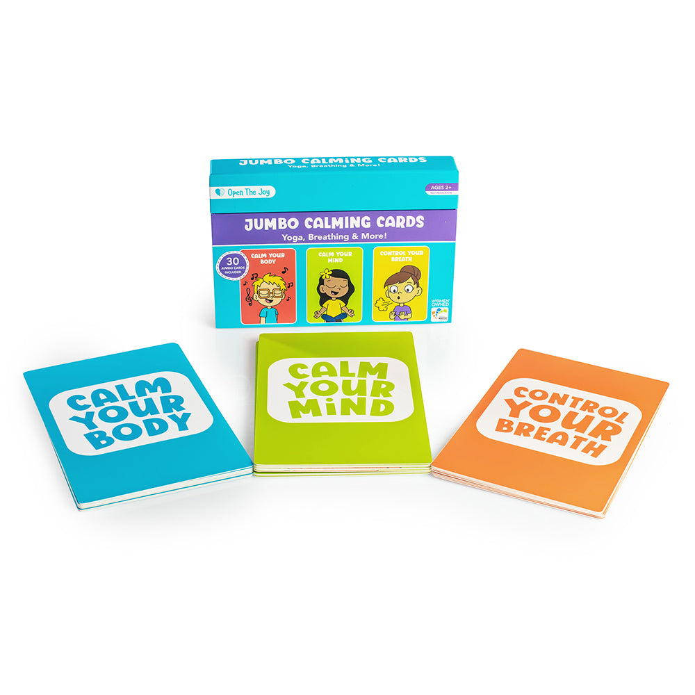Set of Jumbo Calming Cards with colorful cards and a box on a white background