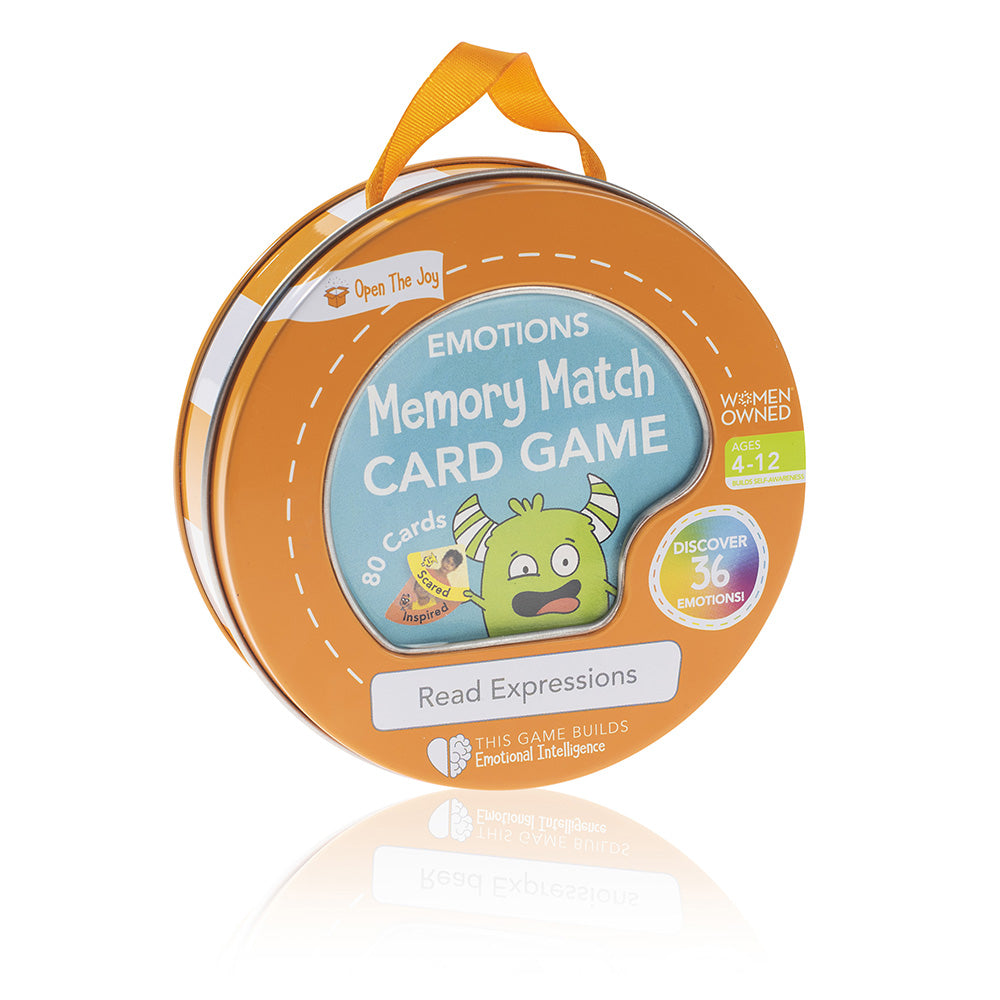 Emotions Memory Match Card Game packaging with cartoon characters on a white background