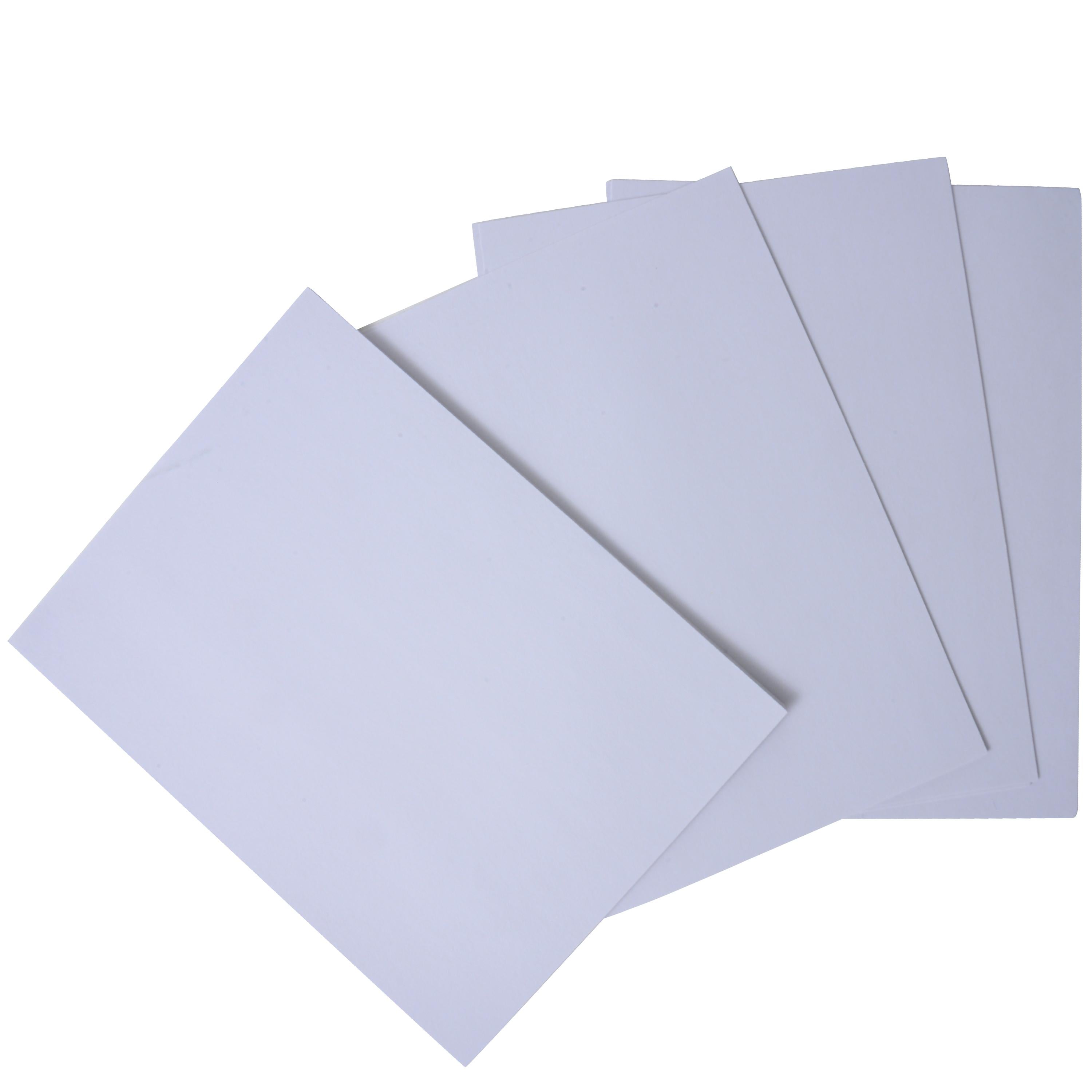 Four square white sheets or cards fanned out on a plain white background.