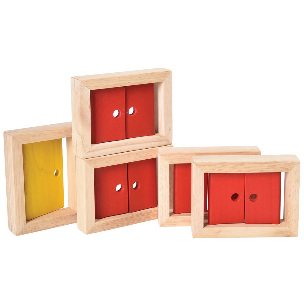 Four Wooden Red Window Blocks and Yellow Door Block Accessory Kit