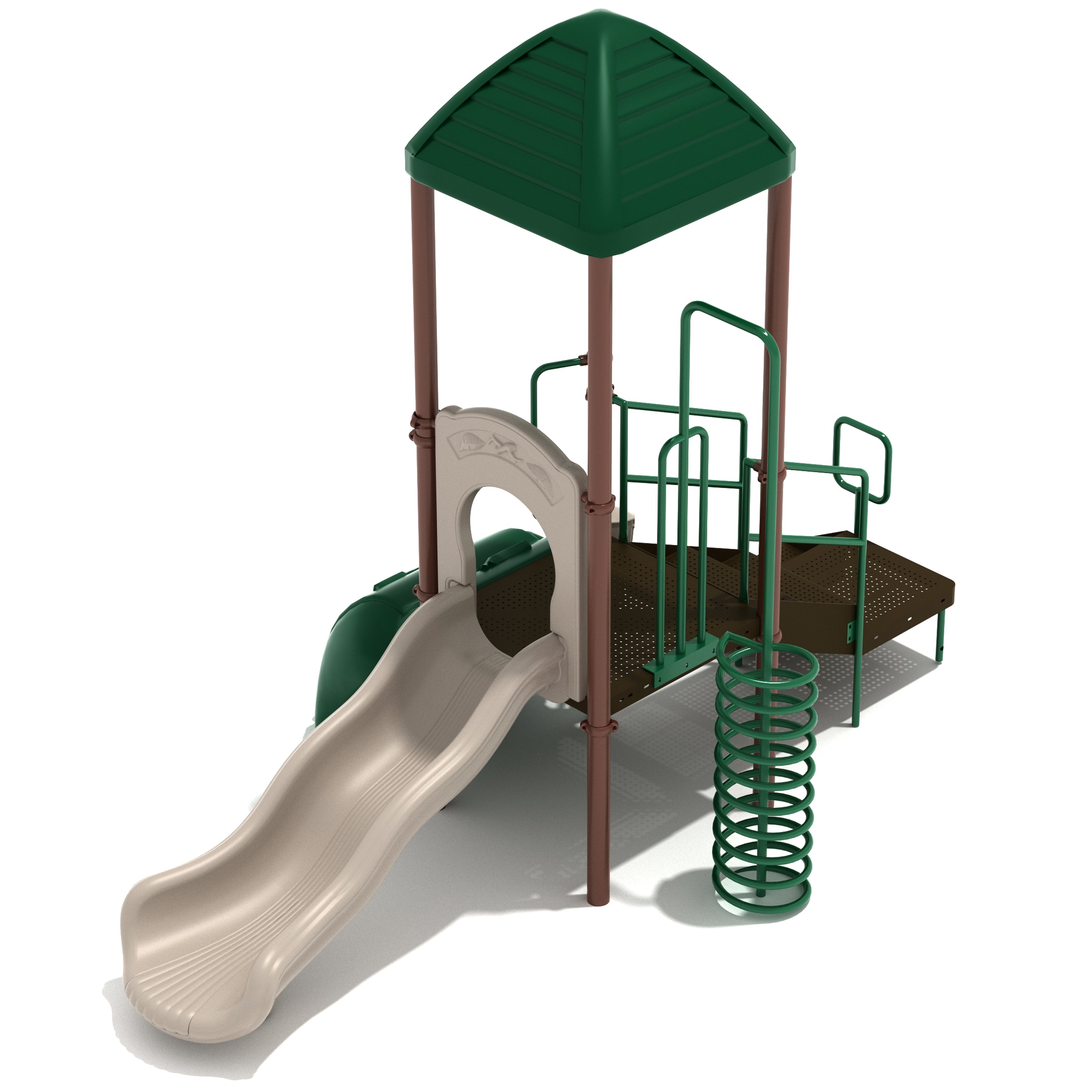 Playground structure with slide and climbing area on a white background
