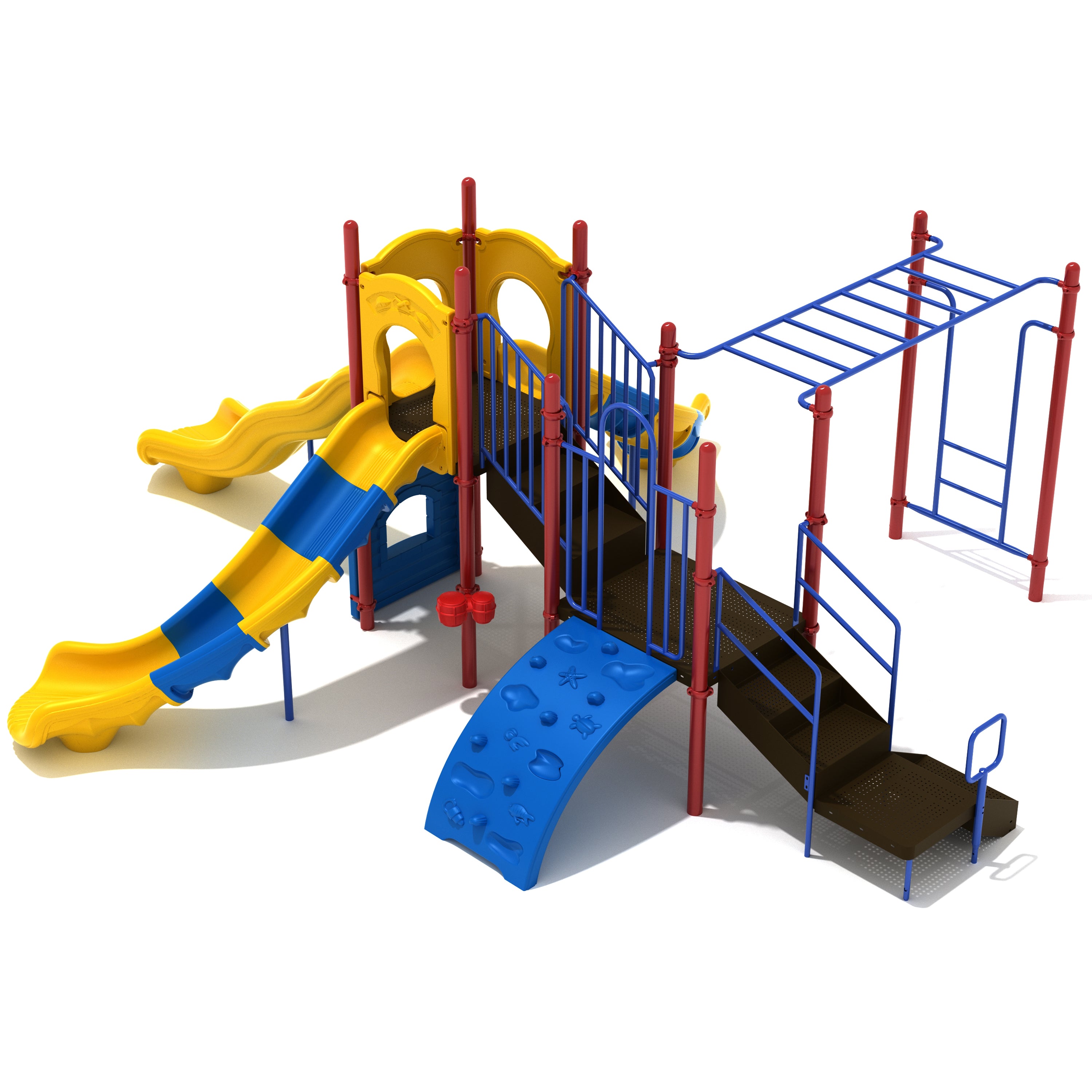 Colorful playground structure with slides and climbing elements on a white background