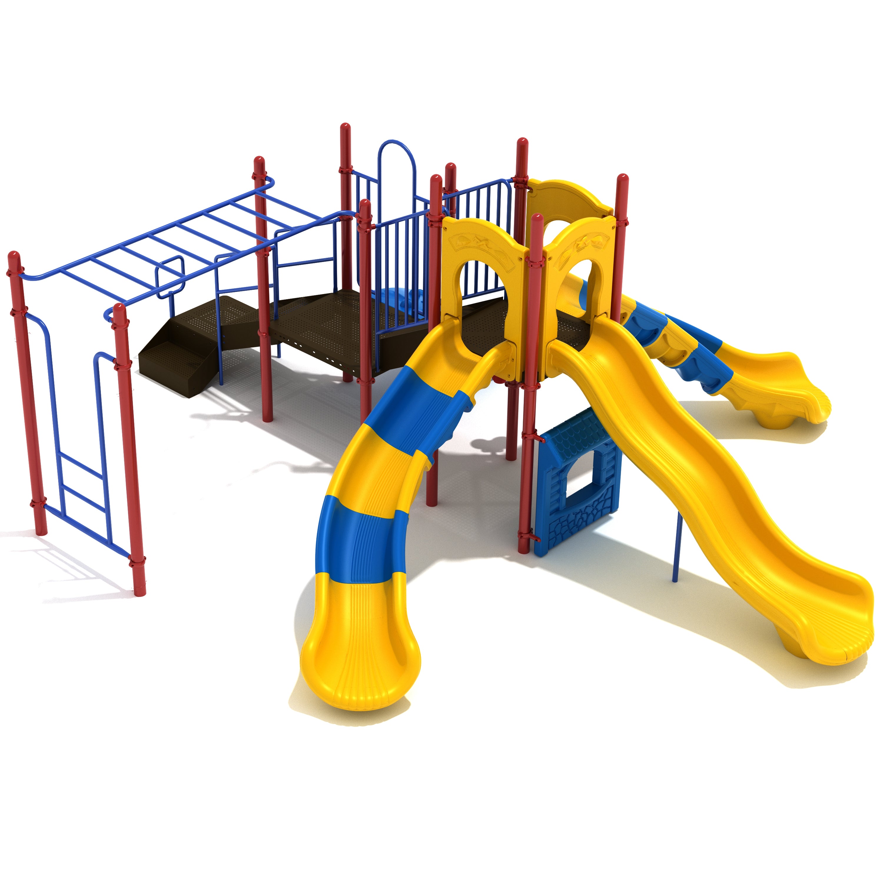 Colorful playground structure with slides and climbing equipment on a white background