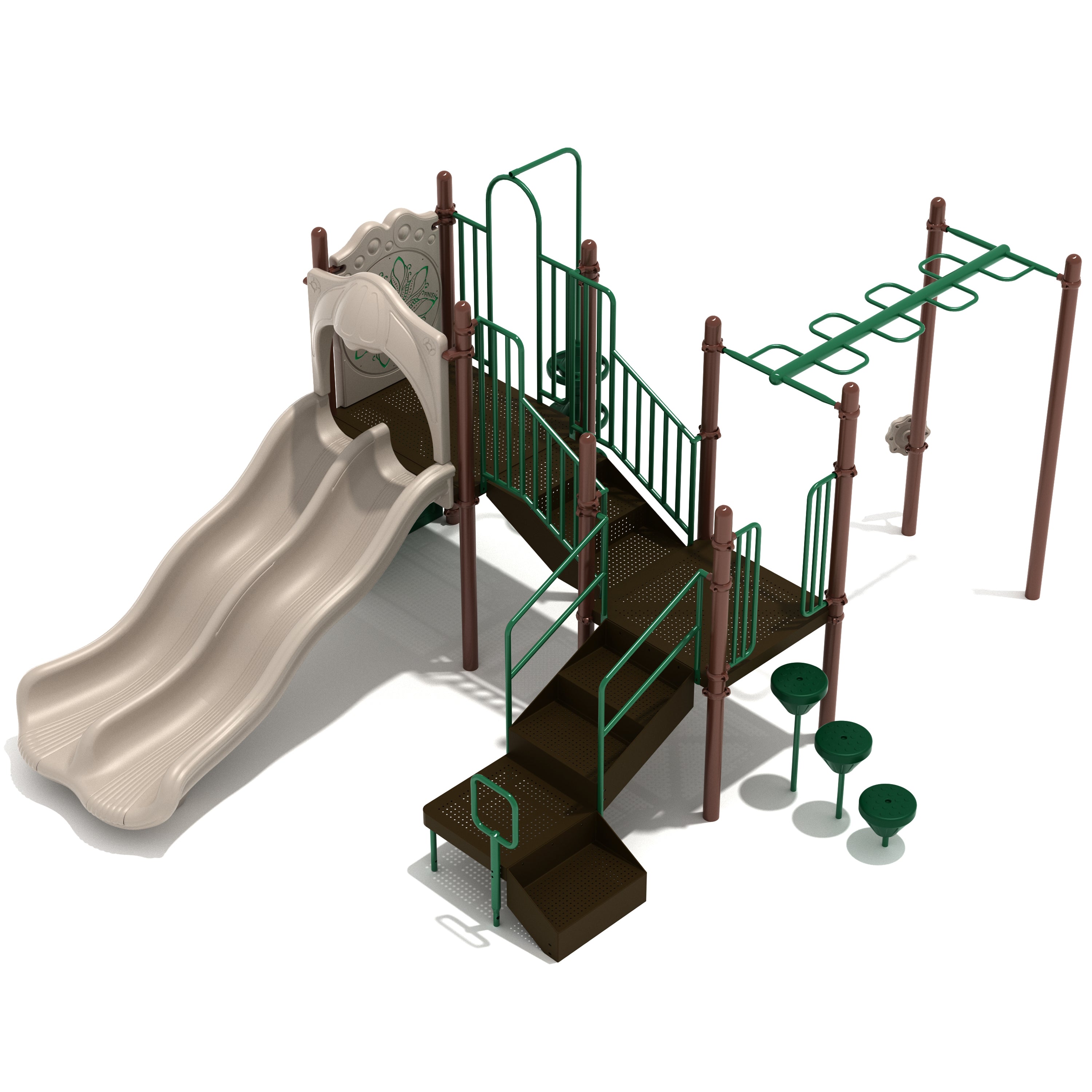 Playground structure with slide, stairs, and monkey bars on a white background